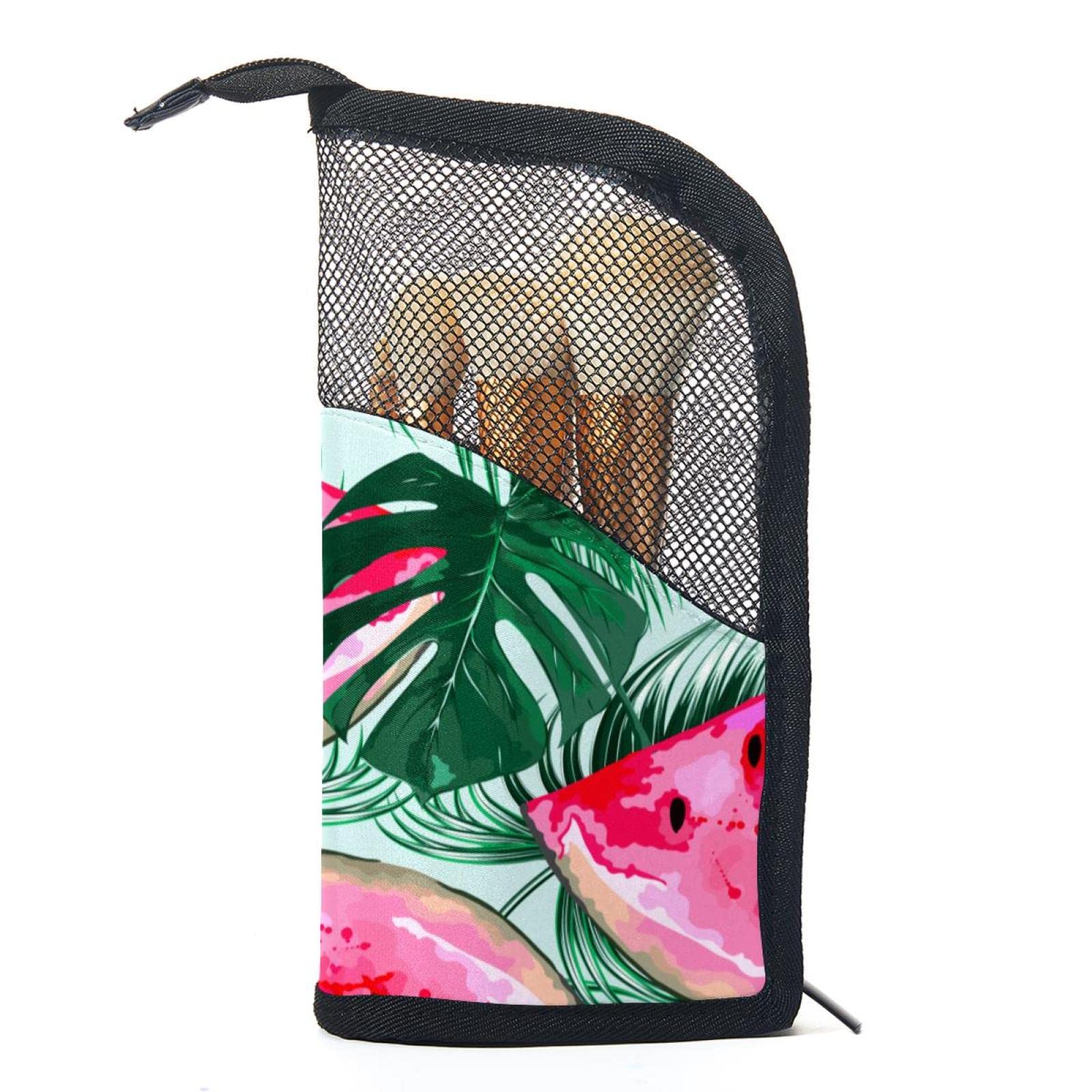 12-Piece Makeup Brush Organizer Bag with Watermelon Tropical Leaf Design - Portable Cosmetic Brush Holder Case for Travel & Home Storage | Perfect for Makeup Artists & Beauty Enthusiasts