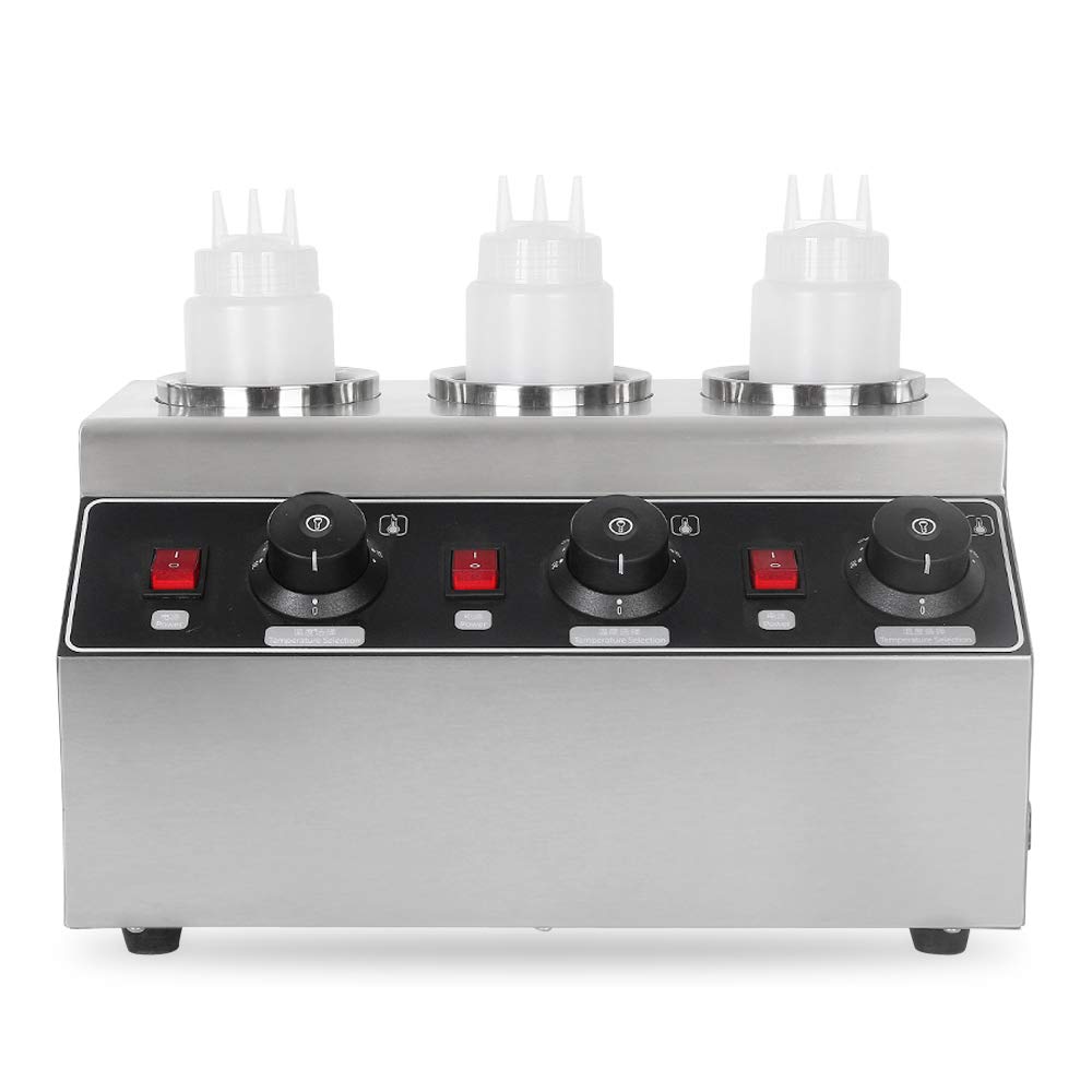 Commercial Electric Sauce Warmer Machine - 86°F~185°F Adjustable Temperature for Hot Fudge, Caramel, Jam & Toppings - Countertop Dispenser with 3 Bottles - Perfect for Restaurants, Cafes & Dessert Shops