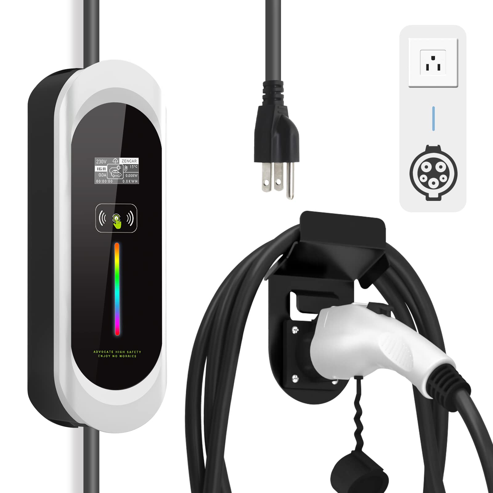Keruida Level 1 EV Charger 16Amp 110V - Portable Electric Vehicle Charger with NEMA 5-15 Plug & SAE J1772 Cable | Home EV Charging Station with Adjustable Current (8A-16A) & Holder | Timing Delay Function | Perfect for Home, Garage & On-the-Go Charging