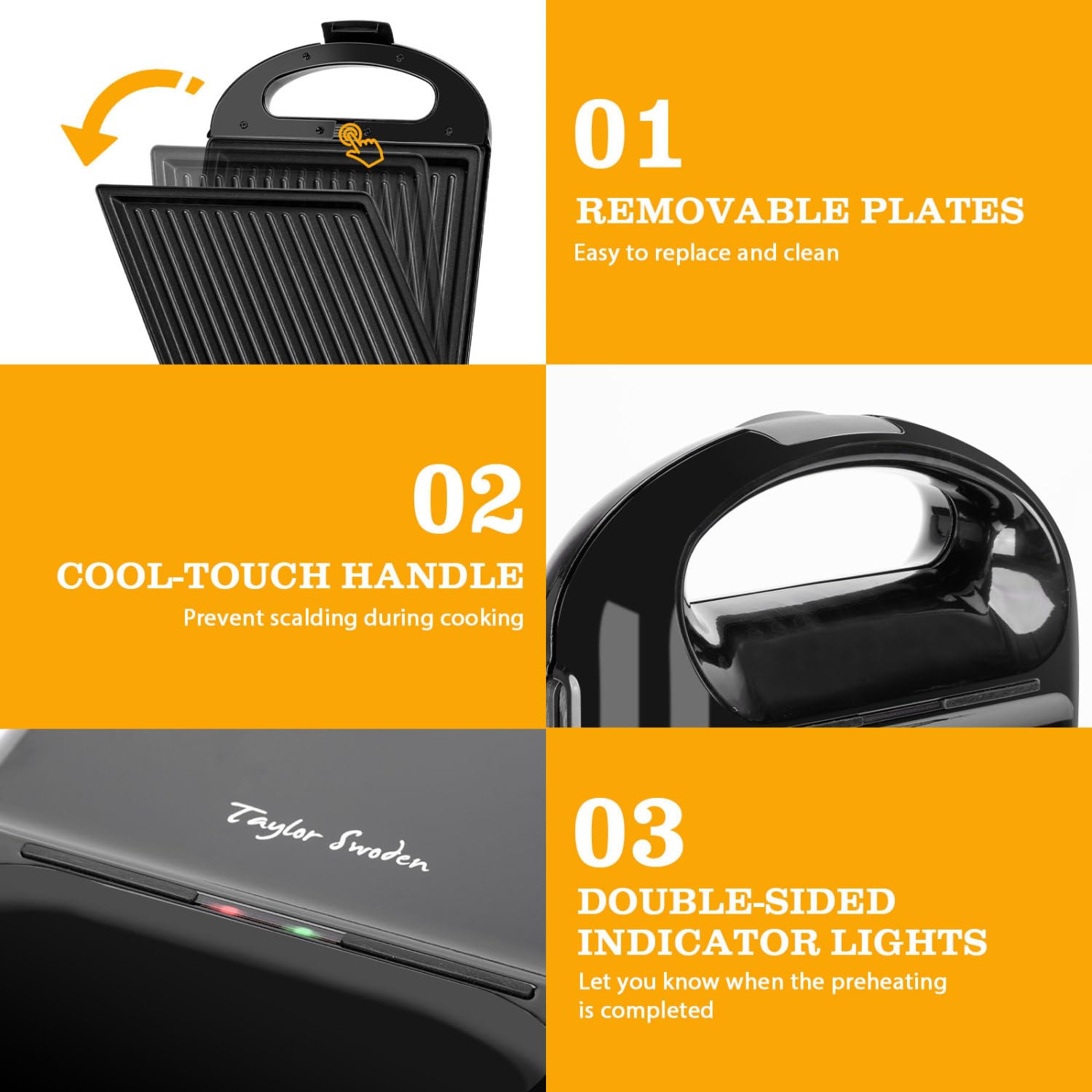 Taylor Swoden 3-in-1 Sandwich Maker & 4-Slice Waffle Iron, 1200W Panini Press Grill with Non-Stick Plates, Double-Sided Heating, Indicator Lights & Cool-Touch Handle - Perfect for Breakfast, Brunch & Quick Meals - Easy to Use & Clean (Black)
