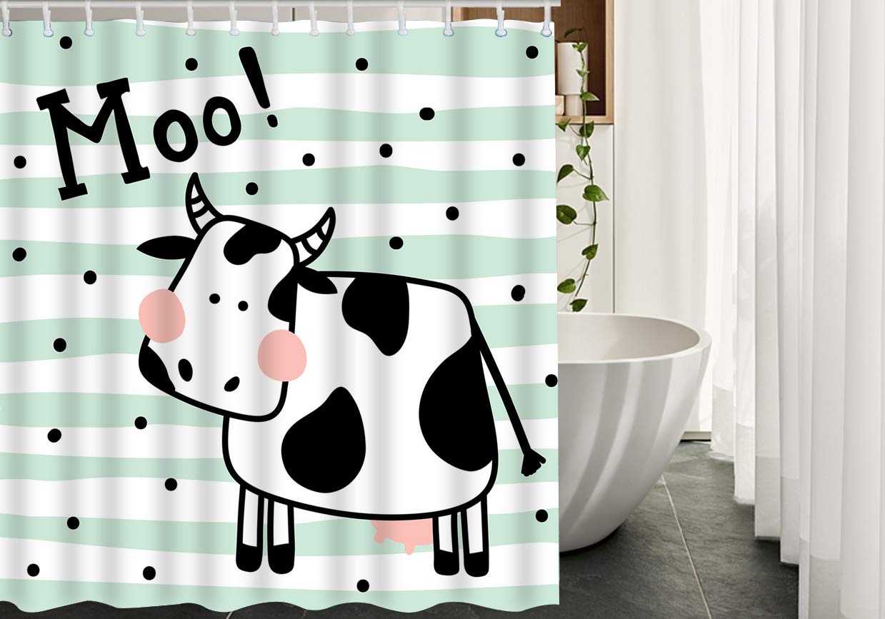 Cute Black and White Cow Shower Curtain with Green Stripes & Polka Dots - Farm Animal Bathroom Decor Set with Hooks, 60x72 Inch Polyester Fabric - Perfect for Farmhouse, Country Style or Kids' Bathroom Decor