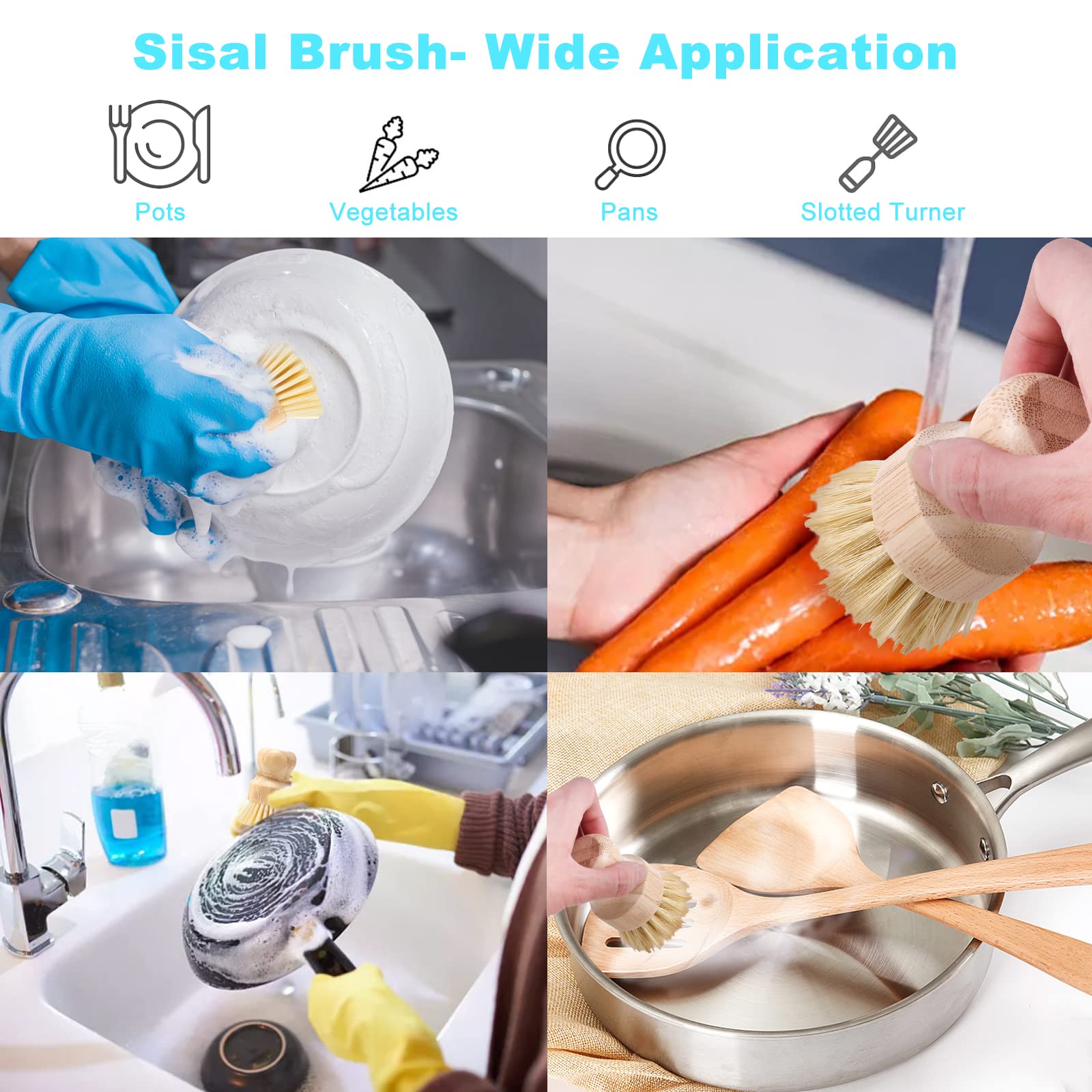Eco-Friendly Bamboo Dish Brush Set - 2 Pack Natural Palm Wood Dish Scrubber Brushes for Pots, Pans & Vegetables | Durable Kitchen Cleaning Brush for Sink & Dish Washing | Sustainable Home Essentials