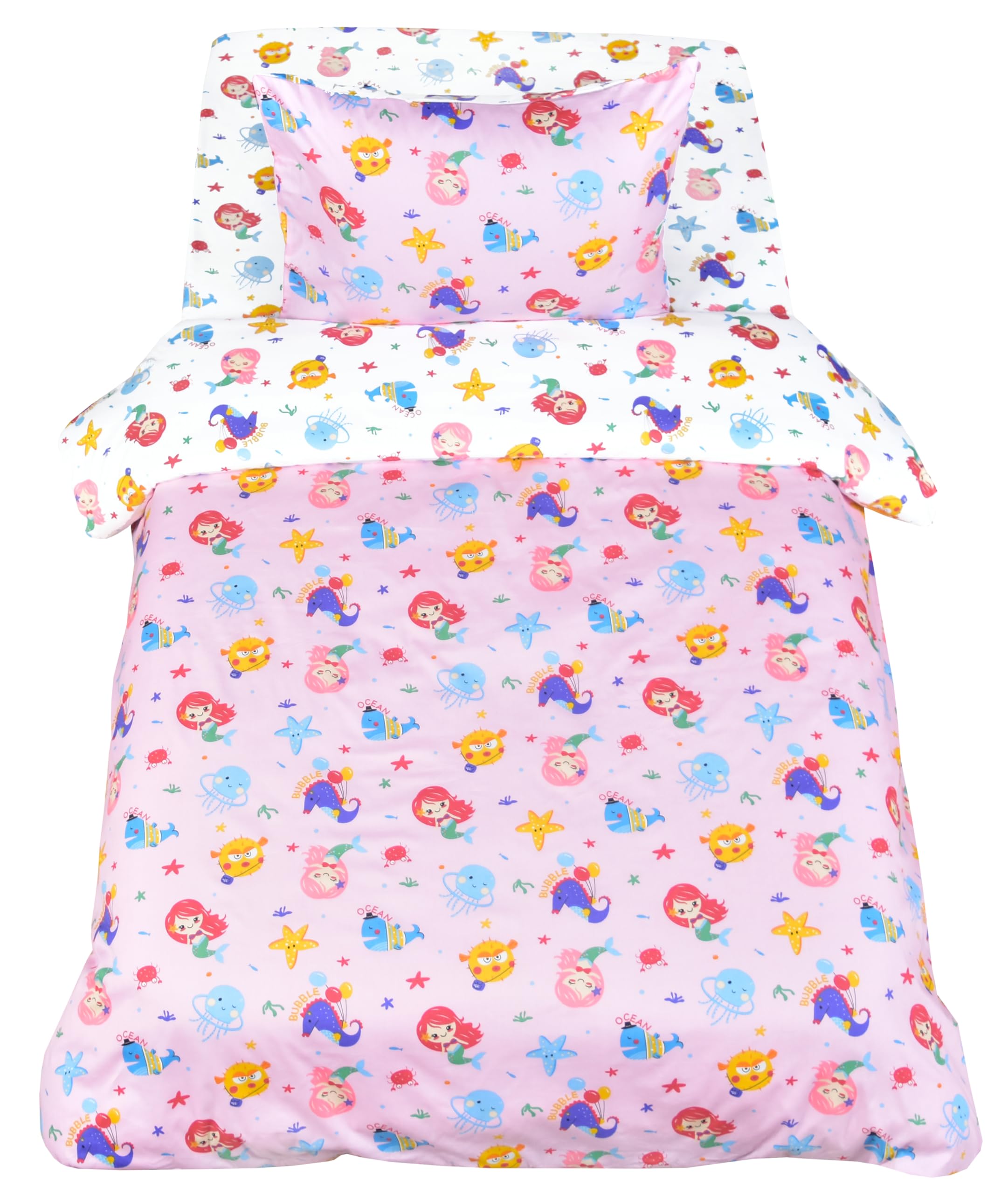 **Pink Mermaid Reversible Duvet Cover & Pillowcase Set for Kids - 100% Cotton Twin Size (60