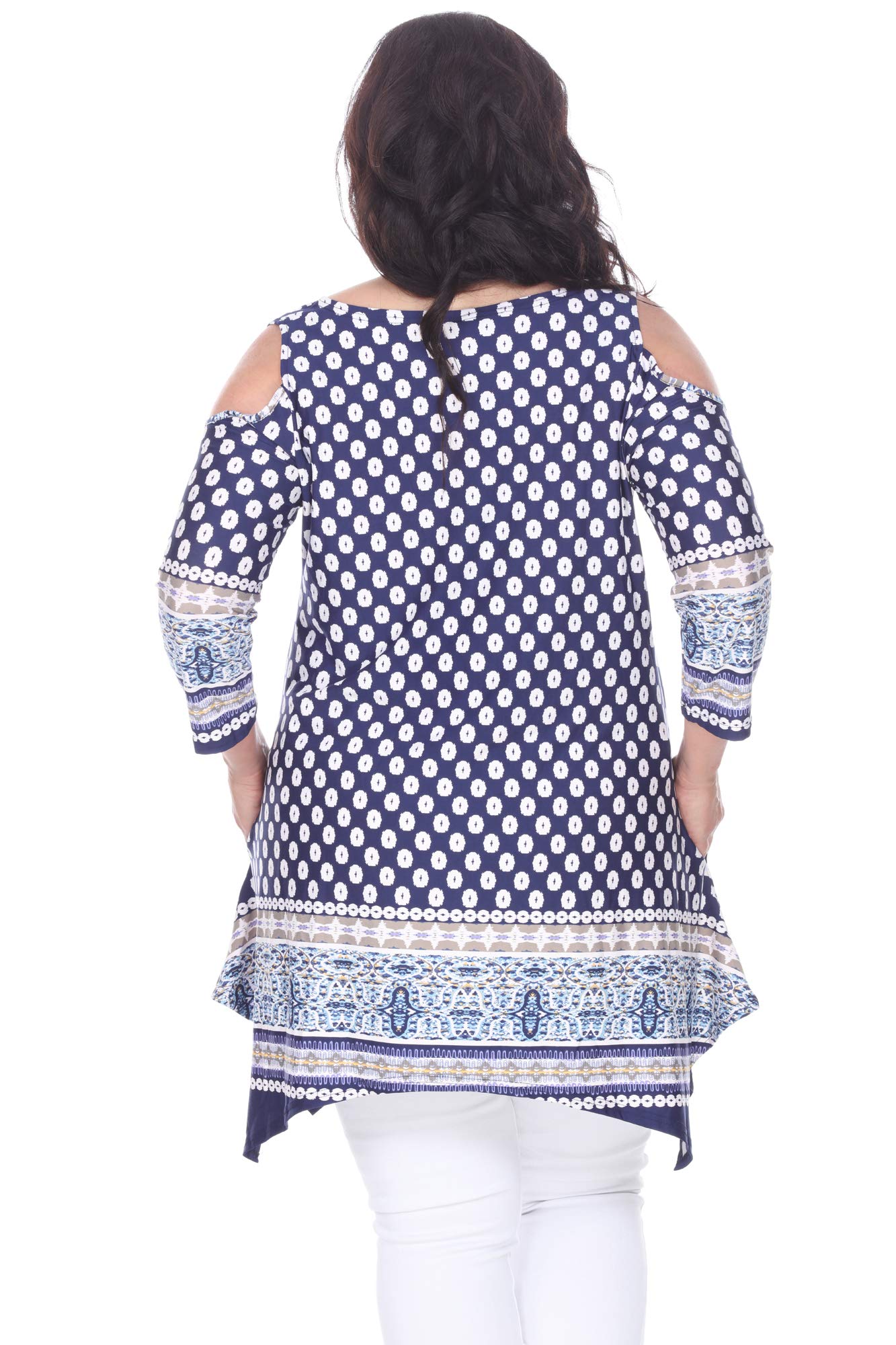 Women's Plus Size Cold Shoulder Tunic Top with Pockets - White Floral Print Casual Blouse for Summer Outings, Beach Wear & Date Nights