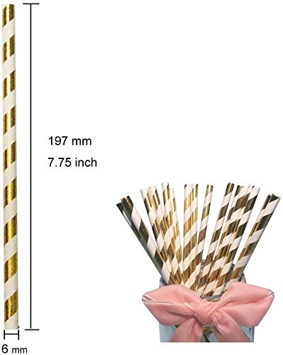 Eco-Friendly Gold Striped Paper Straws - 100% Biodegradable Drinking Straws for Cocktails, Juice & Smoothies | Perfect for Parties, Weddings & Home Decor (Pack of 100)