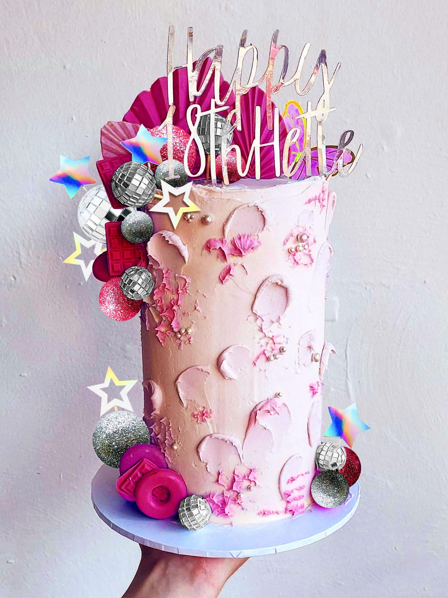 JeVenis Pink Disco Ball Cake Topper - 80s Themed Dancing Queen Cake Decorations with Silver Balls | Perfect for Birthday Parties, Bachelorette Cakes & Retro Celebrations
