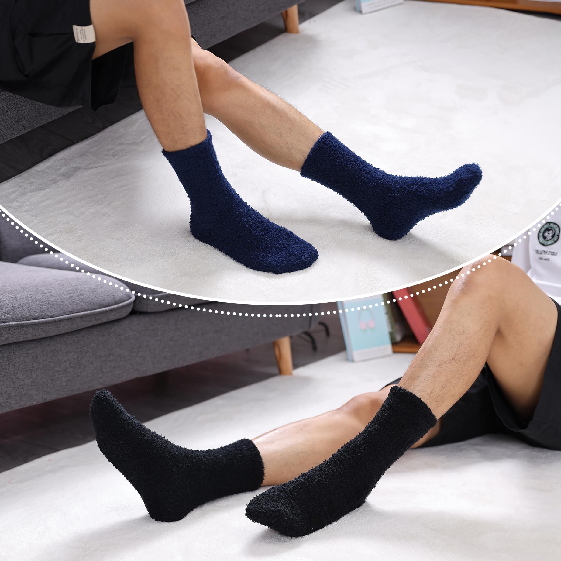 LINEMIN Men's Fuzzy Socks - Ultra Soft Microfiber Cozy Winter Slipper Socks for Warmth & Comfort (5-6 Pairs) - Perfect for Home, Sleeping & Cold Weather Relaxation