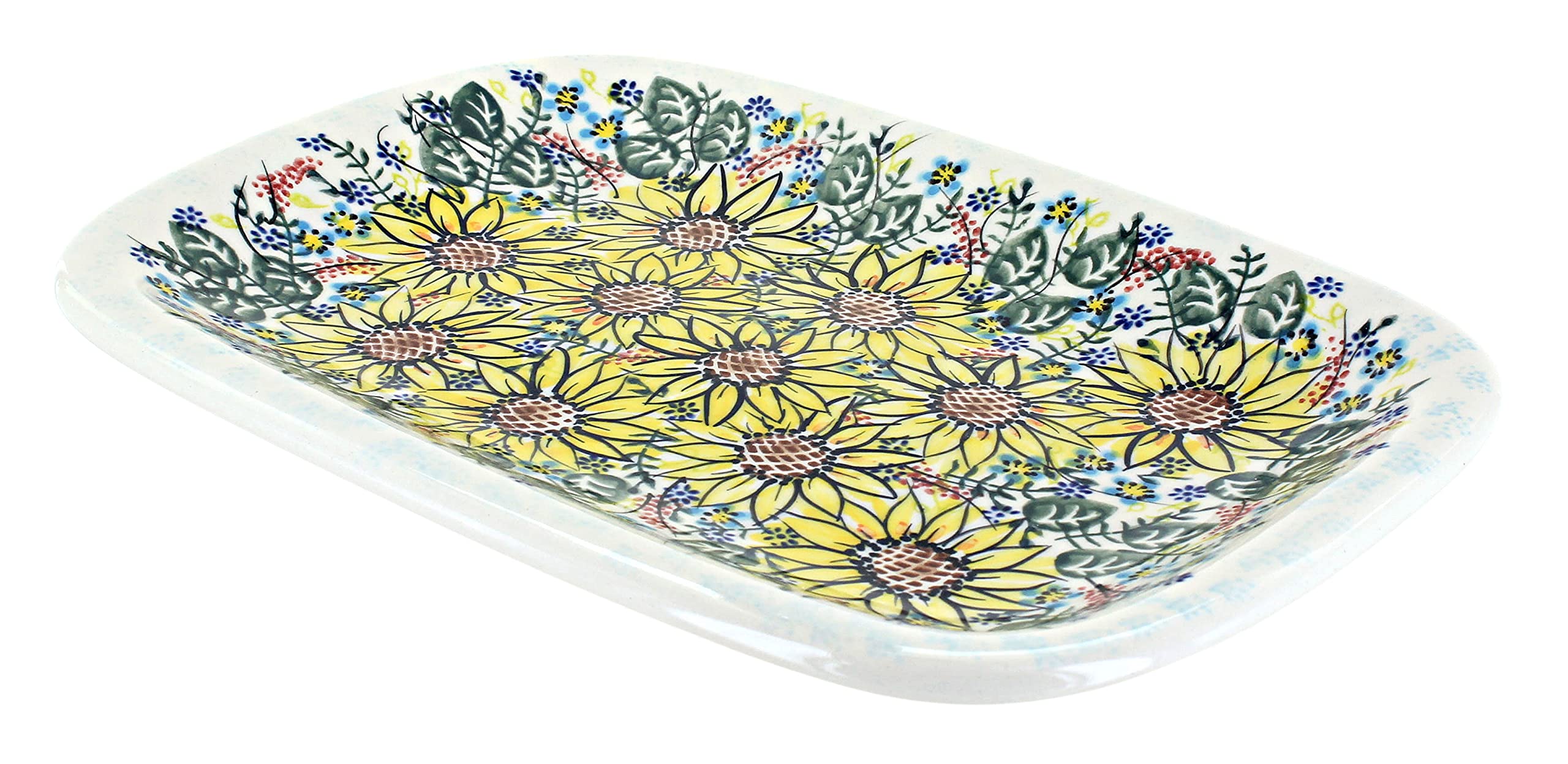 Blue Rose Polish Pottery Sunflower Maze Medium Rectangular Serving Platter - Elegant Handmade Ceramic Dish for Appetizers, Cheese & Charcuterie - Perfect for Dinner Parties, Weddings & Home Decor