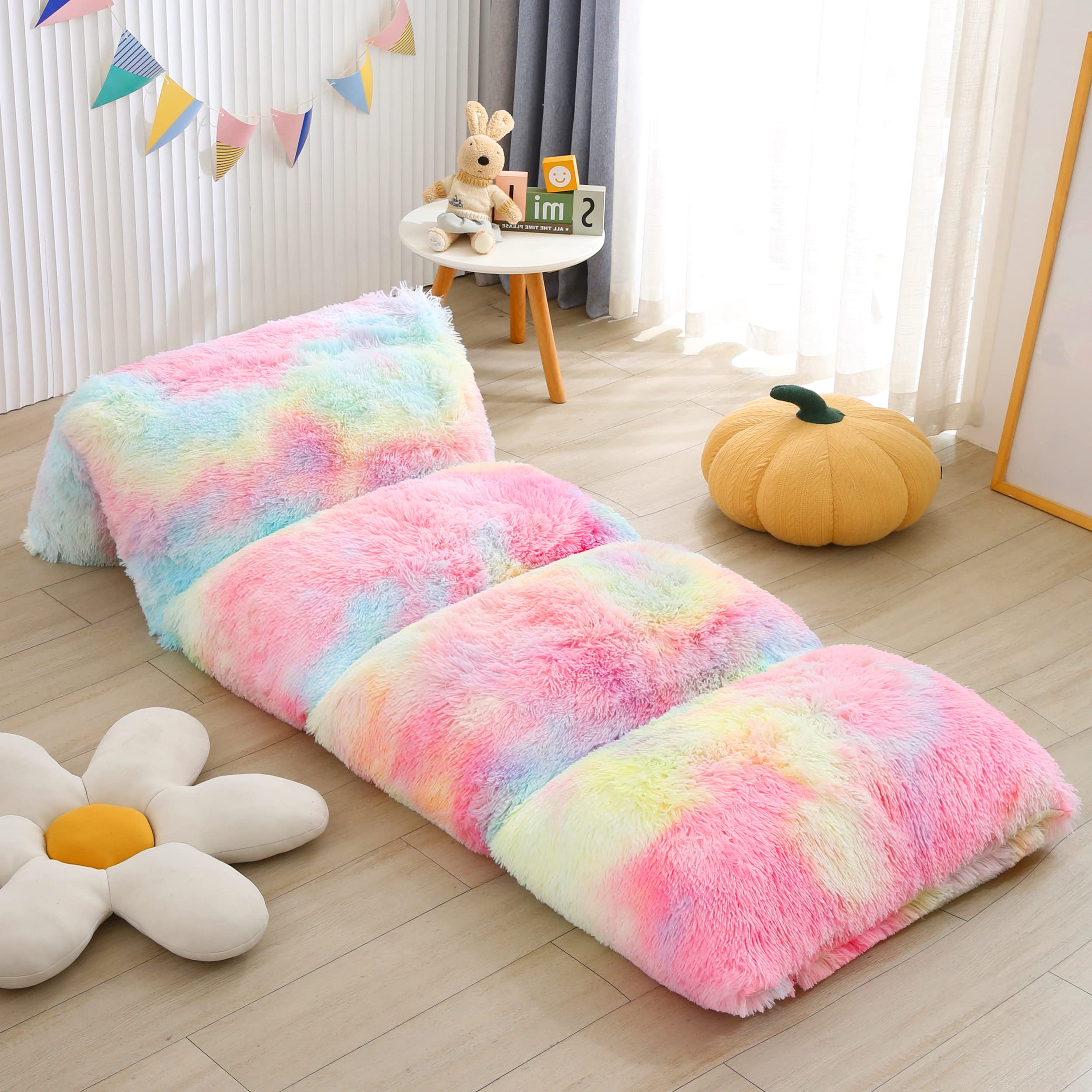 Mengersi Velvet Floor Pillows - Faux Fur Tie Dye Pillow Bed Cover for Girls, Teens & Toddlers - Queen Size Pink Floor Lounger for Reading, Gaming & Sleepovers - Includes 5 Pillow Inserts - Perfect for Bedroom, Dorm & Playroom Decor
