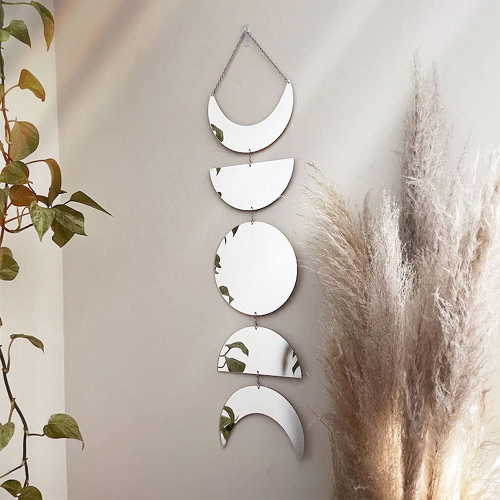 GUAN Moon Phase Wall Mirror - Acrylic Bohemian Decor for Bedroom & Living Room - Unique Aesthetic Moon Cycle Art - Silver - Perfect for Home Decor, Yoga Spaces & Meditation Rooms