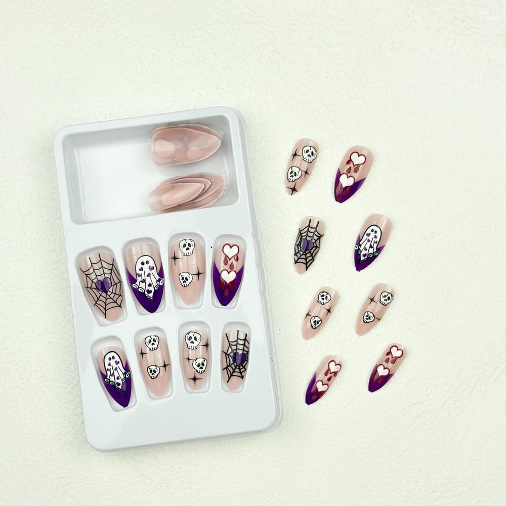 24 Pcs Halloween Press on Nails - Ghost & Spider Web Designs, Almond Shaped Fake Nails with Glossy Finish, Full Cover Glue on Nails for Women & Girls - Perfect for Halloween Parties, Costumes & Spooky Nail Art