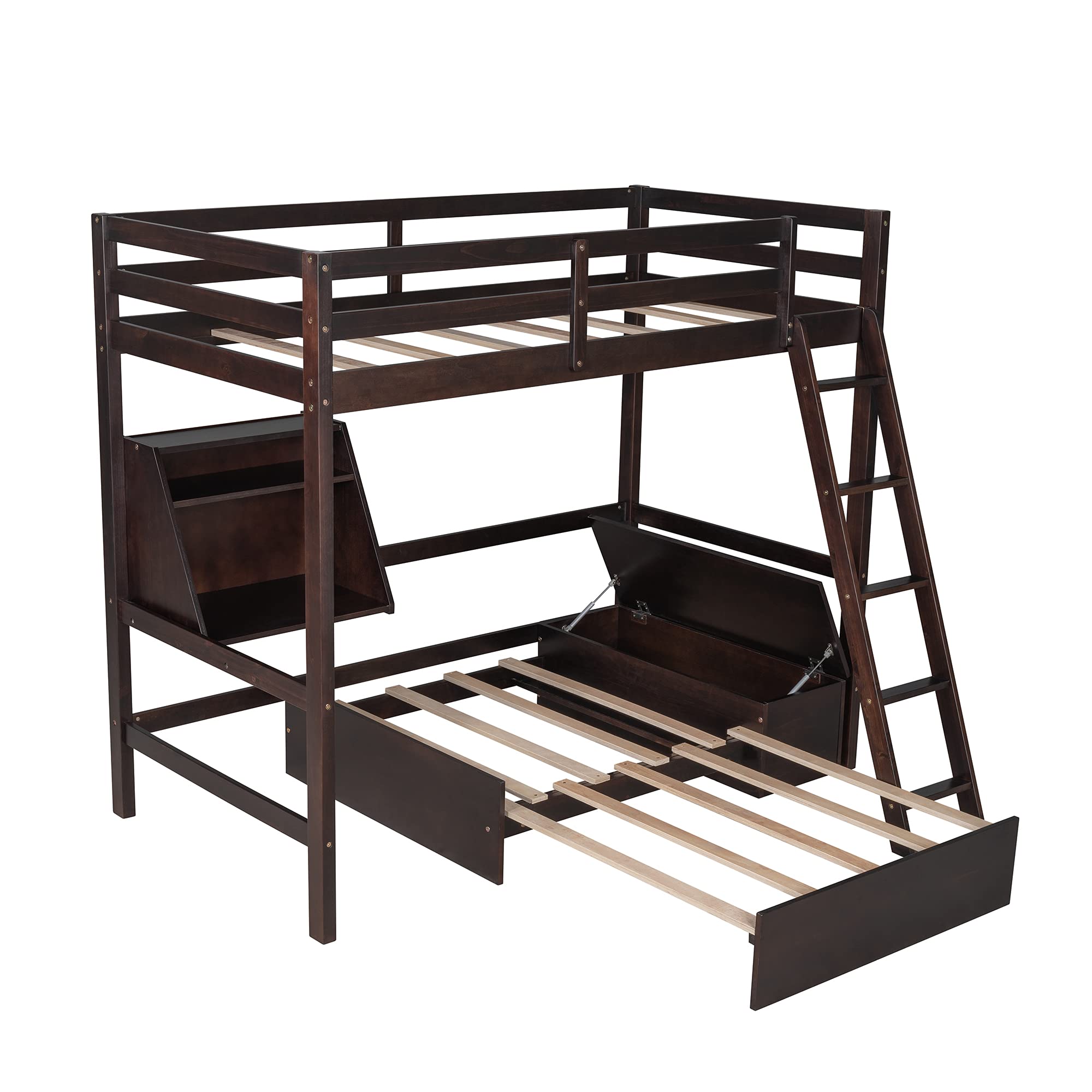 **Solid Wood Twin Loft Bed with Convertible Lower Bed & Storage - Multifunctional Loft Bed Frame with Drawer, Shelf, Ladder & Safety Rail for Kids, Teens & Adults (Espresso & Wood) - Perfect for Small Bedrooms, Dorms & Guest Rooms**