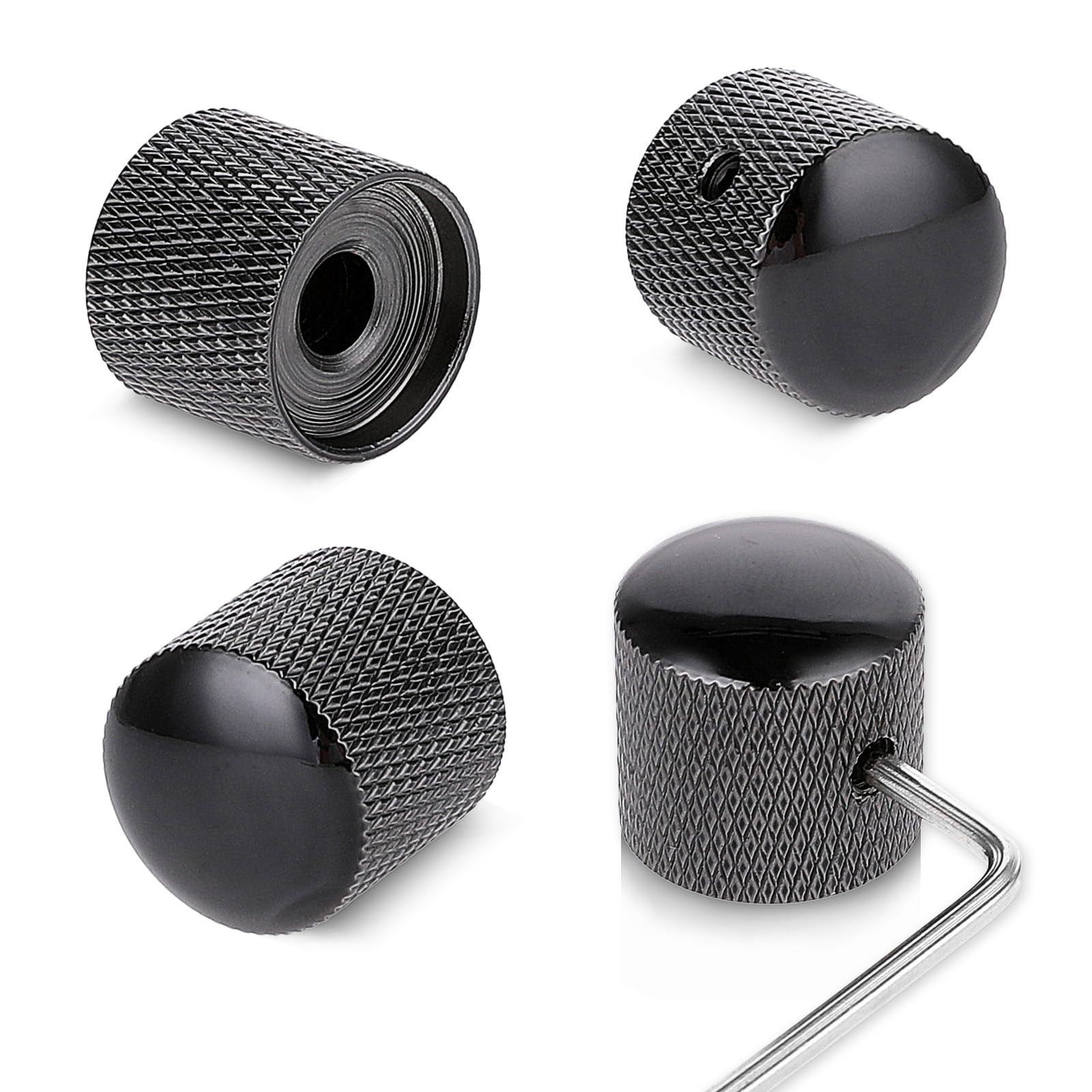 4 PCS Metal Black Guitar Volume Control Knobs for Bass & Electric Guitar - Dome Style with Allen Key Screws - Perfect Replacement Parts for Tone & Volume Adjustment - Ideal for DIY Guitar Repair & Customization