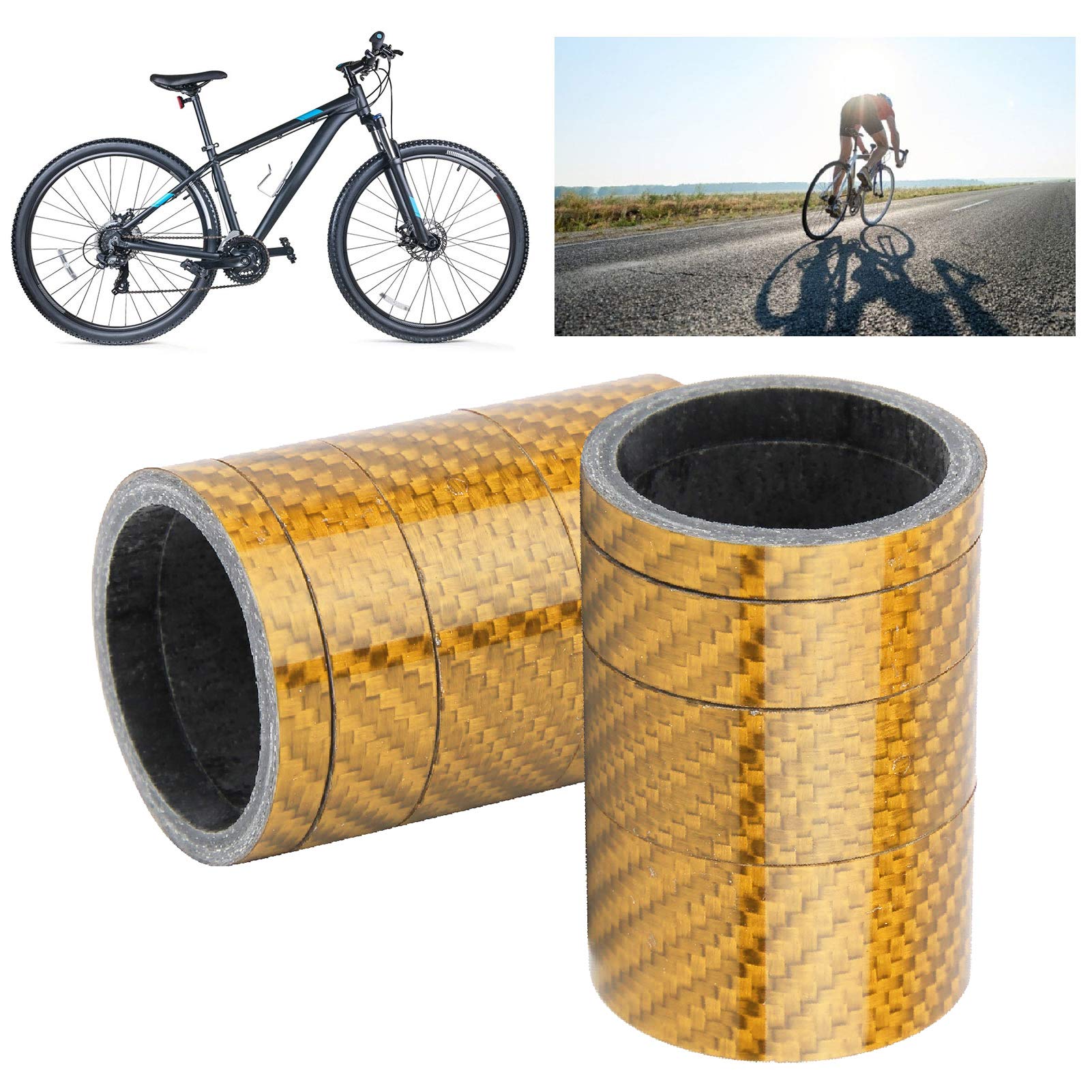 2-Pack Carbon Fiber Headset Spacer Kit - 5mm/10mm/15mm/20mm Gold Washers for Bicycle Fork - Perfect for MTB, Road & BMX Bike Upgrades