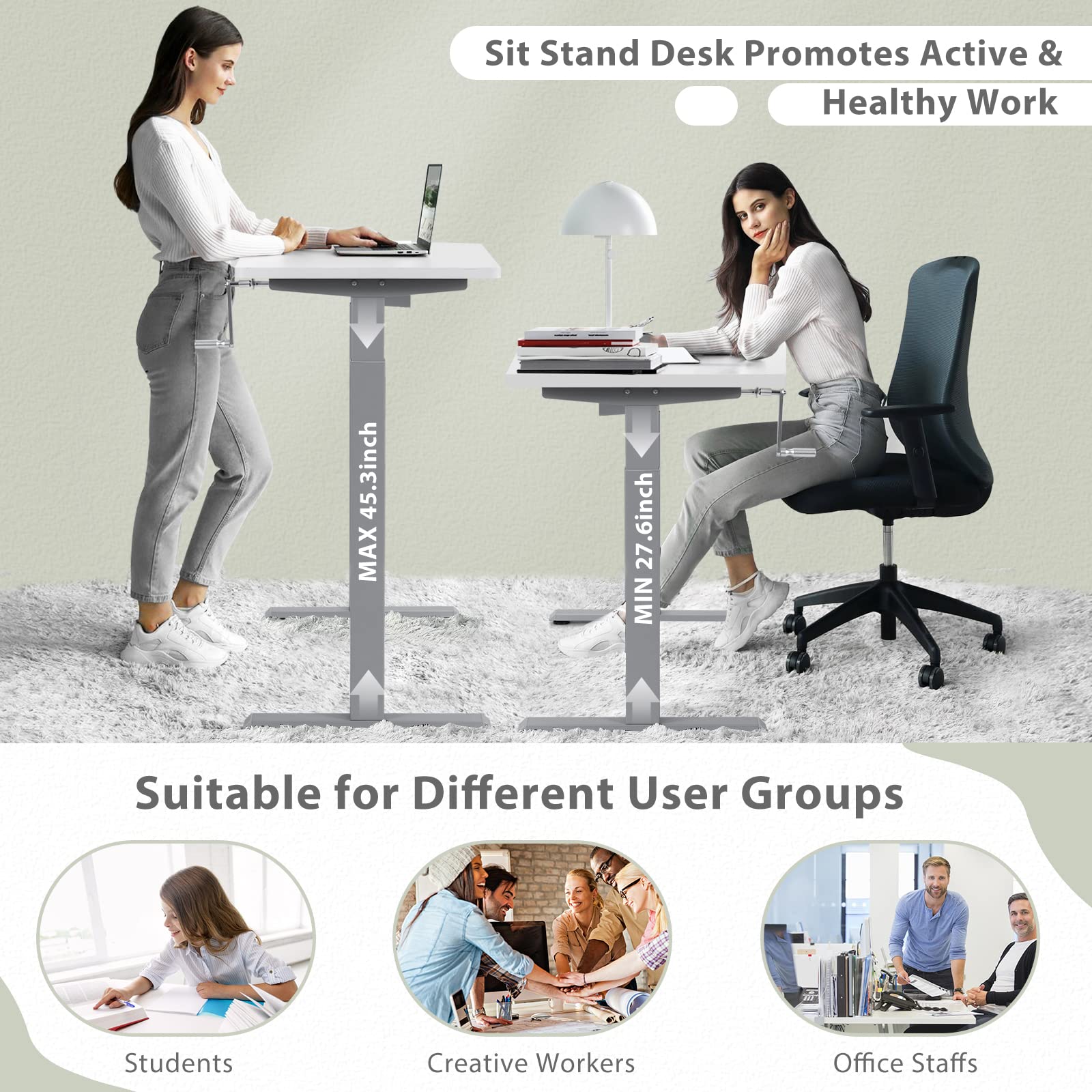 COSTWAY 48 x 24 Inch Adjustable Height Standing Desk - Manual Sit to Stand Home Office Desk with Headphone Hook & Cable Management, Sturdy One-Piece Tabletop (Grey & White) | Perfect for Remote Work, Gaming Setup & Small Workspaces