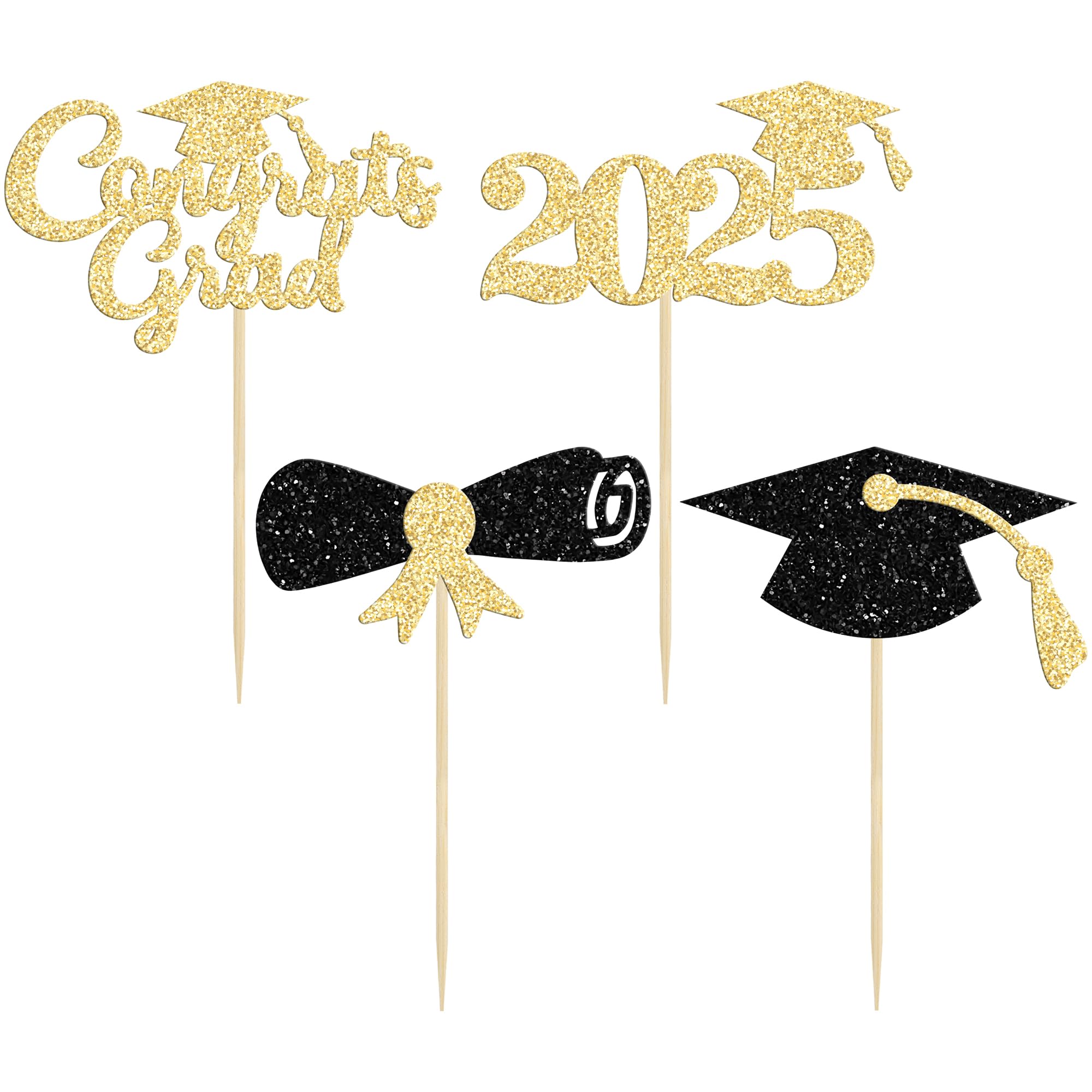 24Pcs 2025 Graduation Cupcake Toppers - Black Glitter Congrats Grad Decorations with Cap & Diploma Picks for Graduation Party, Cake Decor Supplies (Perfect for High School & College Graduation Celebrations)