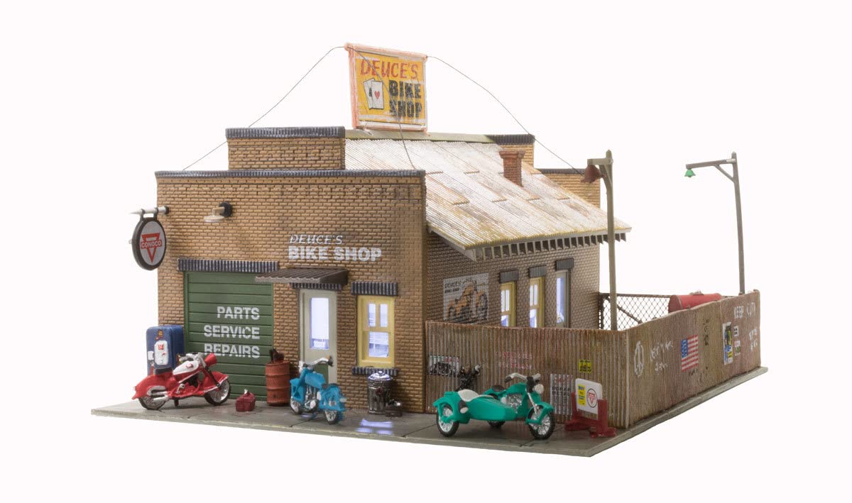 Woodland Scenics HO Scale Deuce's Bike Shop - Pre-Built Landmark Structure for Model Train Layouts | Perfect for Railroad Scenery, Dioramas & Miniature Displays