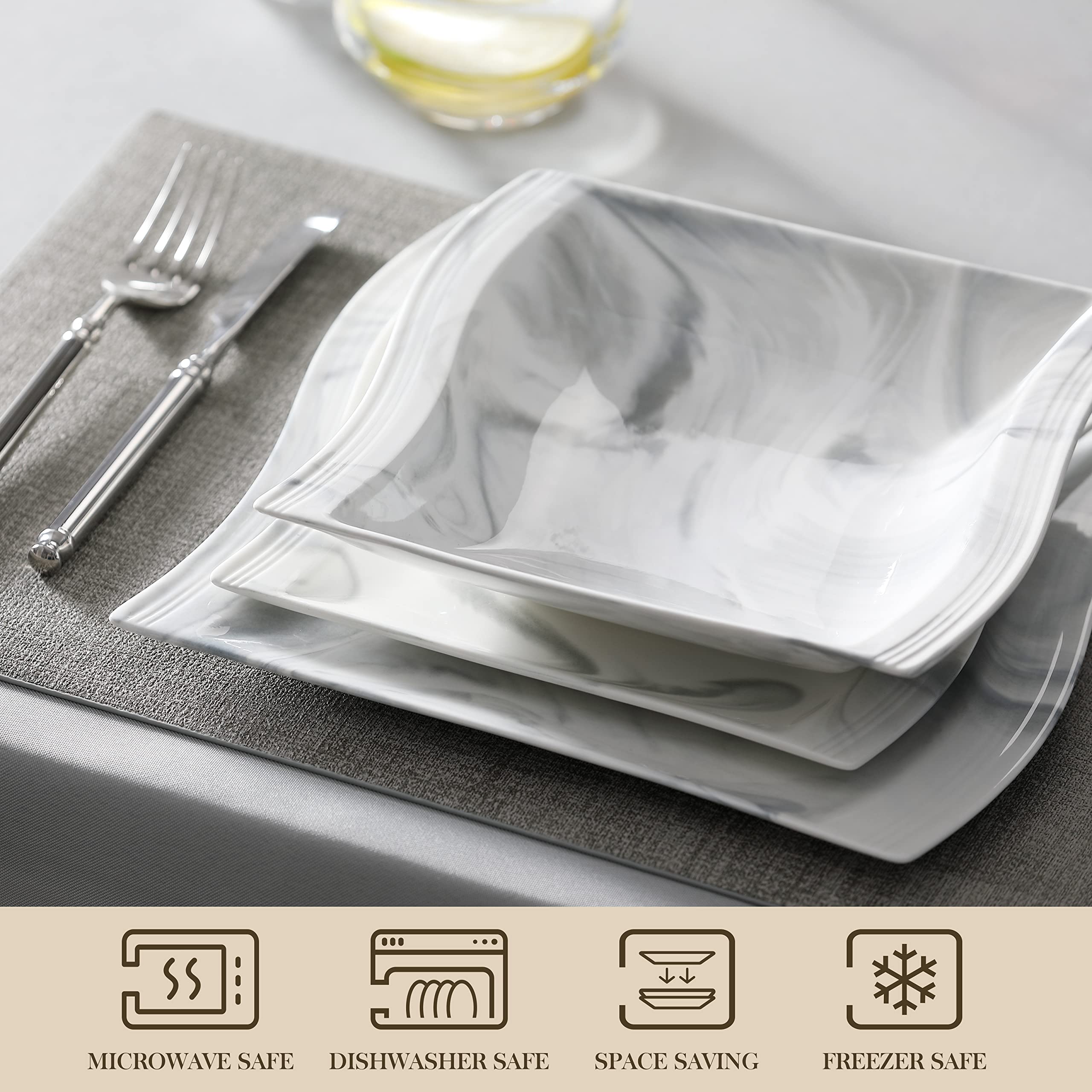 MALACASA 60-Piece Modern Porcelain Dinnerware Set for 12 - Marble Design Plates, Bowls, Cups & Saucers - Square Floral Dinnerware Set for Formal Dining, Wedding, Restaurant & Home Entertaining