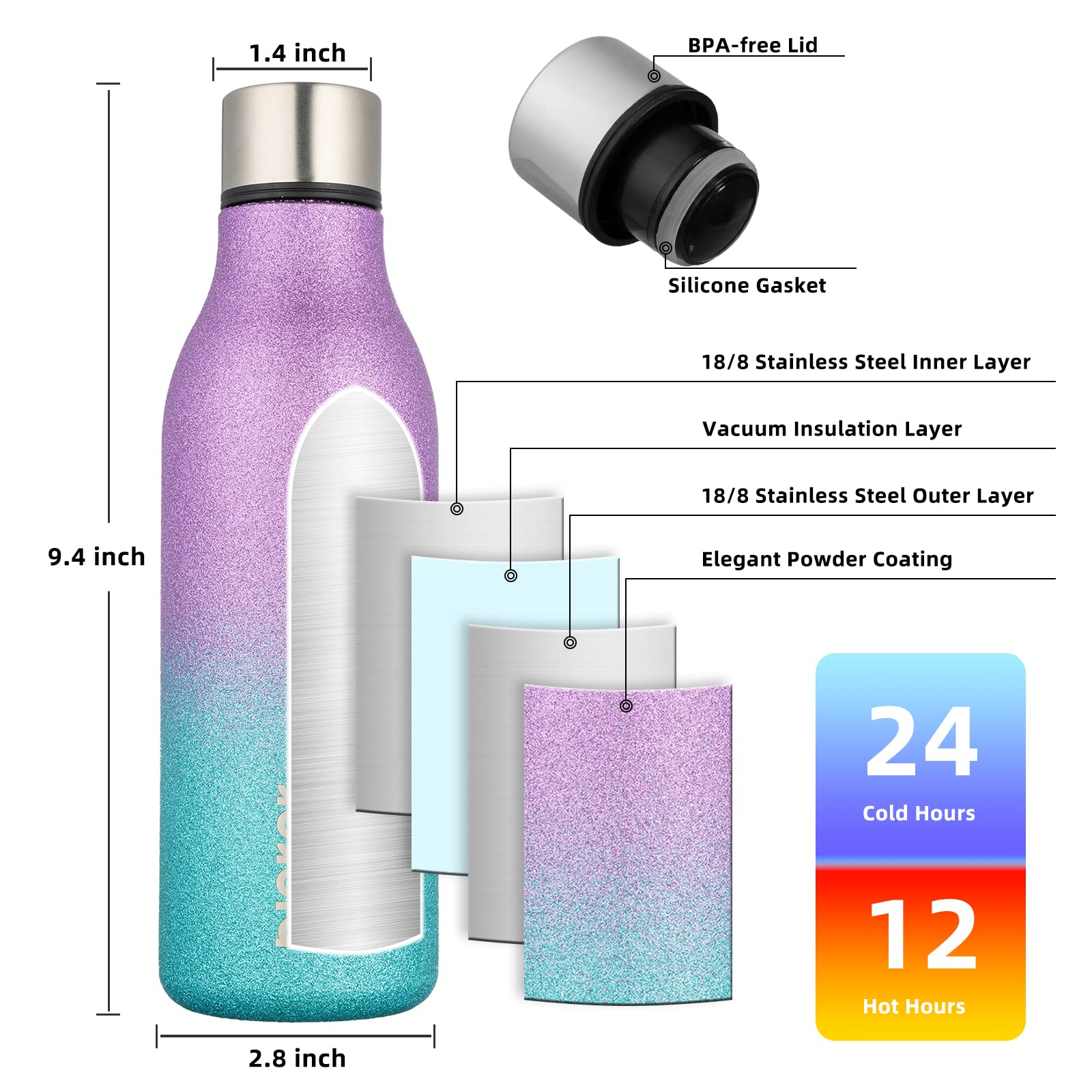 BJPKPK 18 oz Insulated Stainless Steel Water Bottle with Strap - BPA Free, Leak Proof Thermos for Sports, Gym, Hiking & Travel - Reusable Metal Water Bottle in Sparkling Purple & Green - Perfect for Outdoor Adventures, Workouts and Daily Hydration