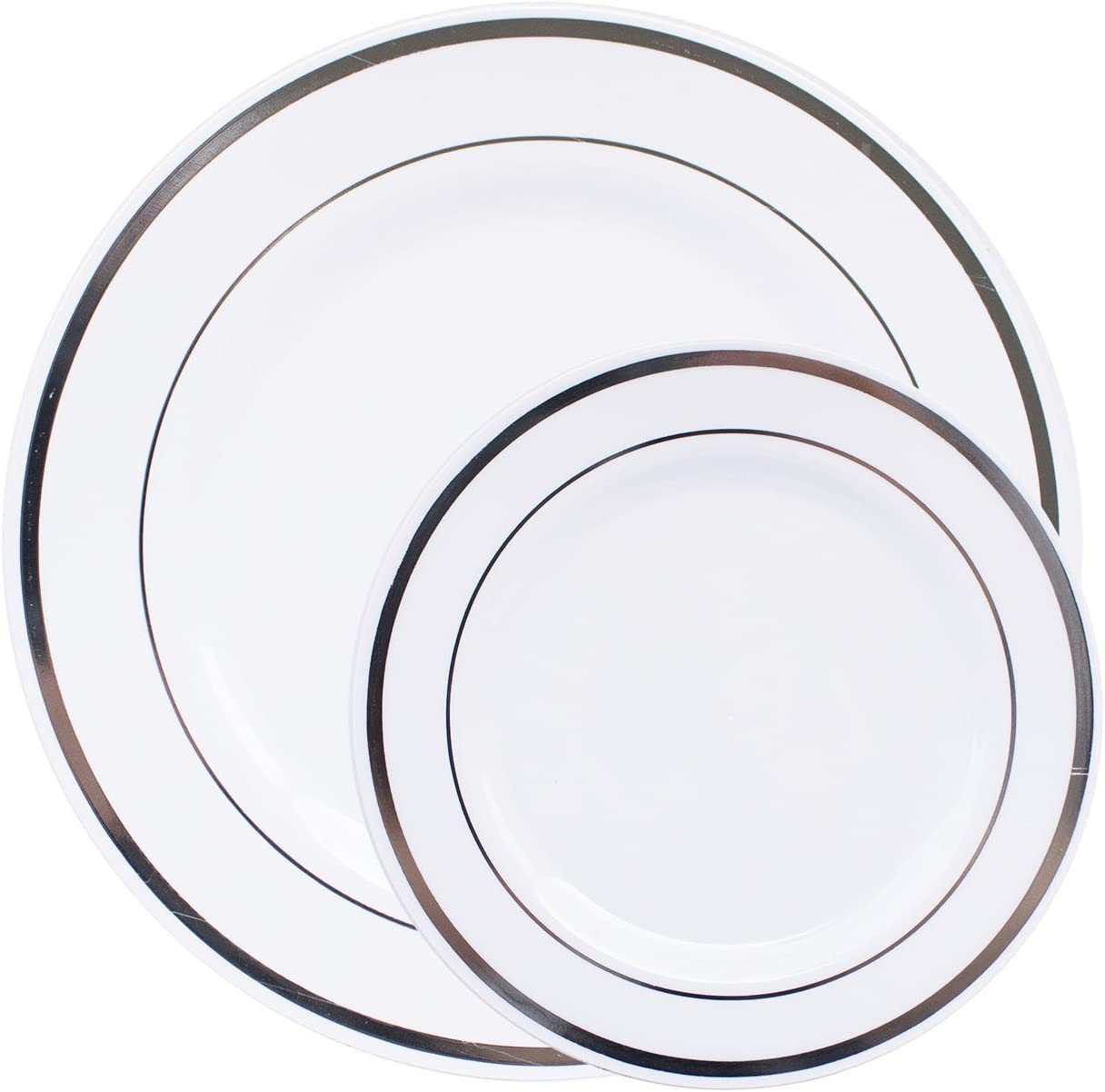 Disposable Plastic Plates - 20 Dinner Plates & 20 Salad Plates with Silver Rim - Lightweight & Durable for Parties, Picnics, BBQs, and Catering Events
