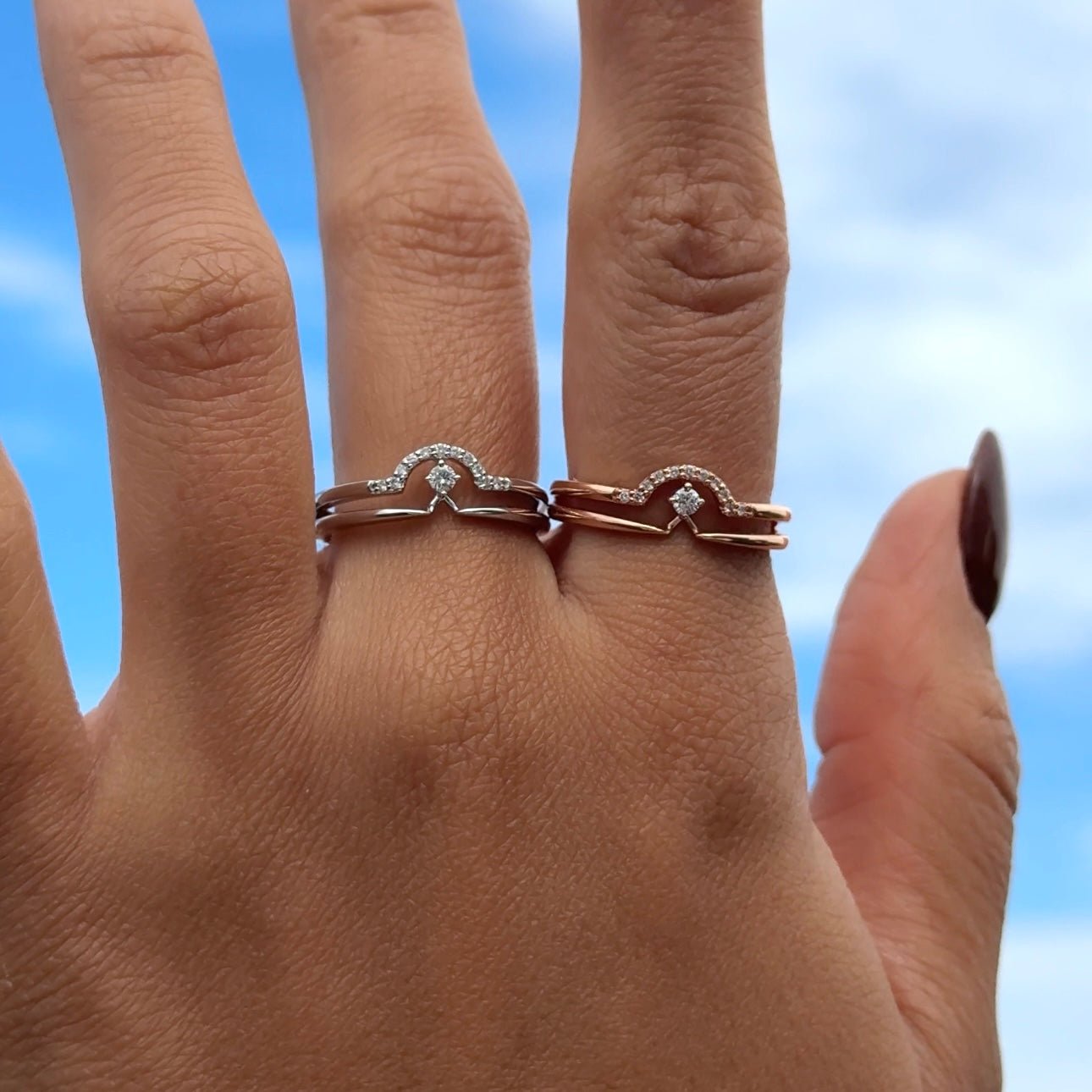 14K Rose Gold Diamond Curve Double Layer Ring - Elegant Stackable Band for Women, Perfect for Weddings, Anniversaries & Everyday Wear