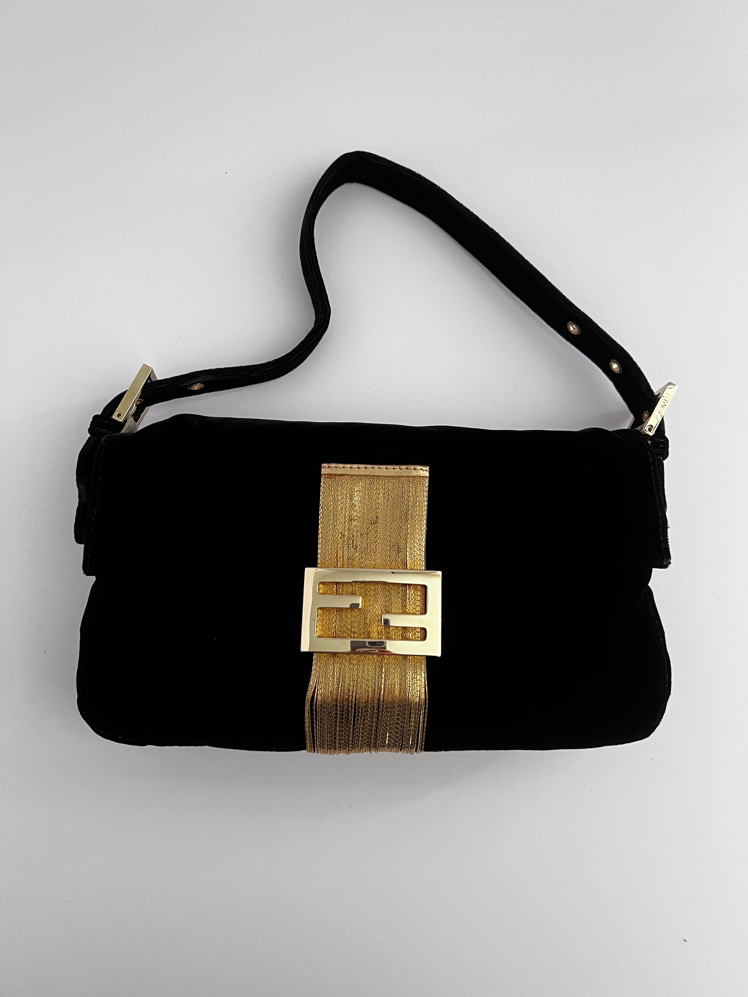 Fendi Black Velvet Shoulder Bag with Gold Tassels - Elegant Baguette Purse for Women, Perfect for Evening Parties & Special Occasions
