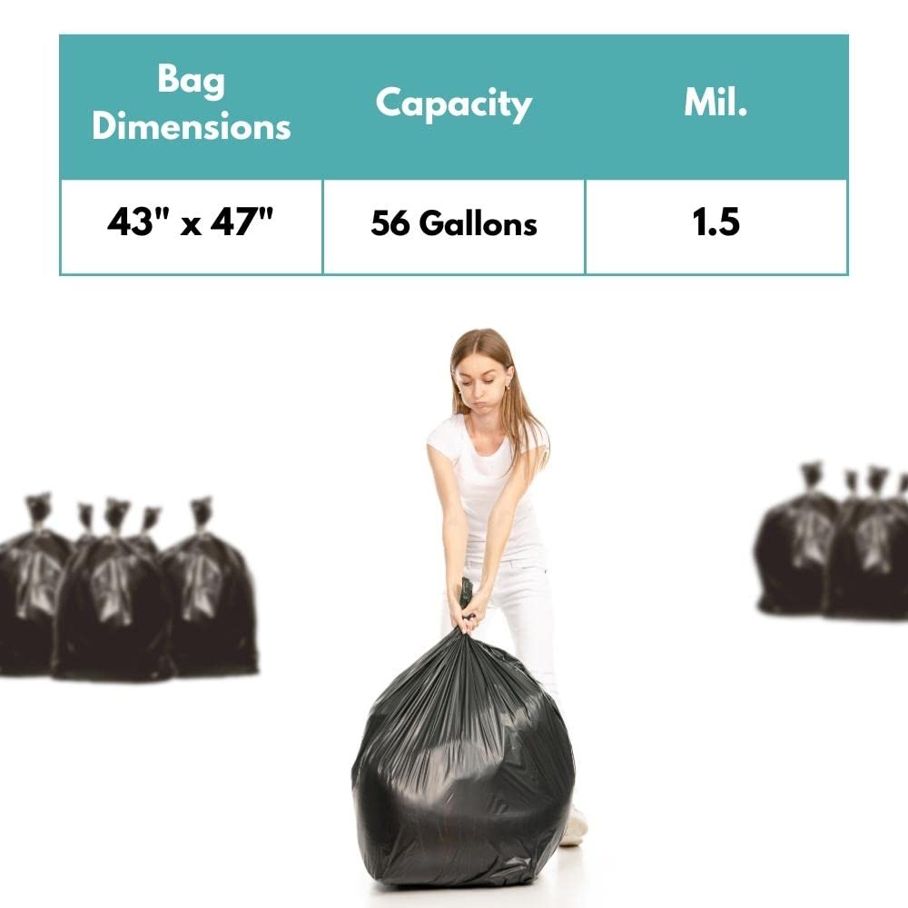 56 Gallon Heavy Duty Black Trash Bags - 200 Count, 1.5 Mil Thick Commercial Grade - Extra Large Garbage Can Liners for Kitchen, Warehouse, Office & Janitorial Use - Perfect for Restaurants, Hospitals & Industrial Waste Disposal