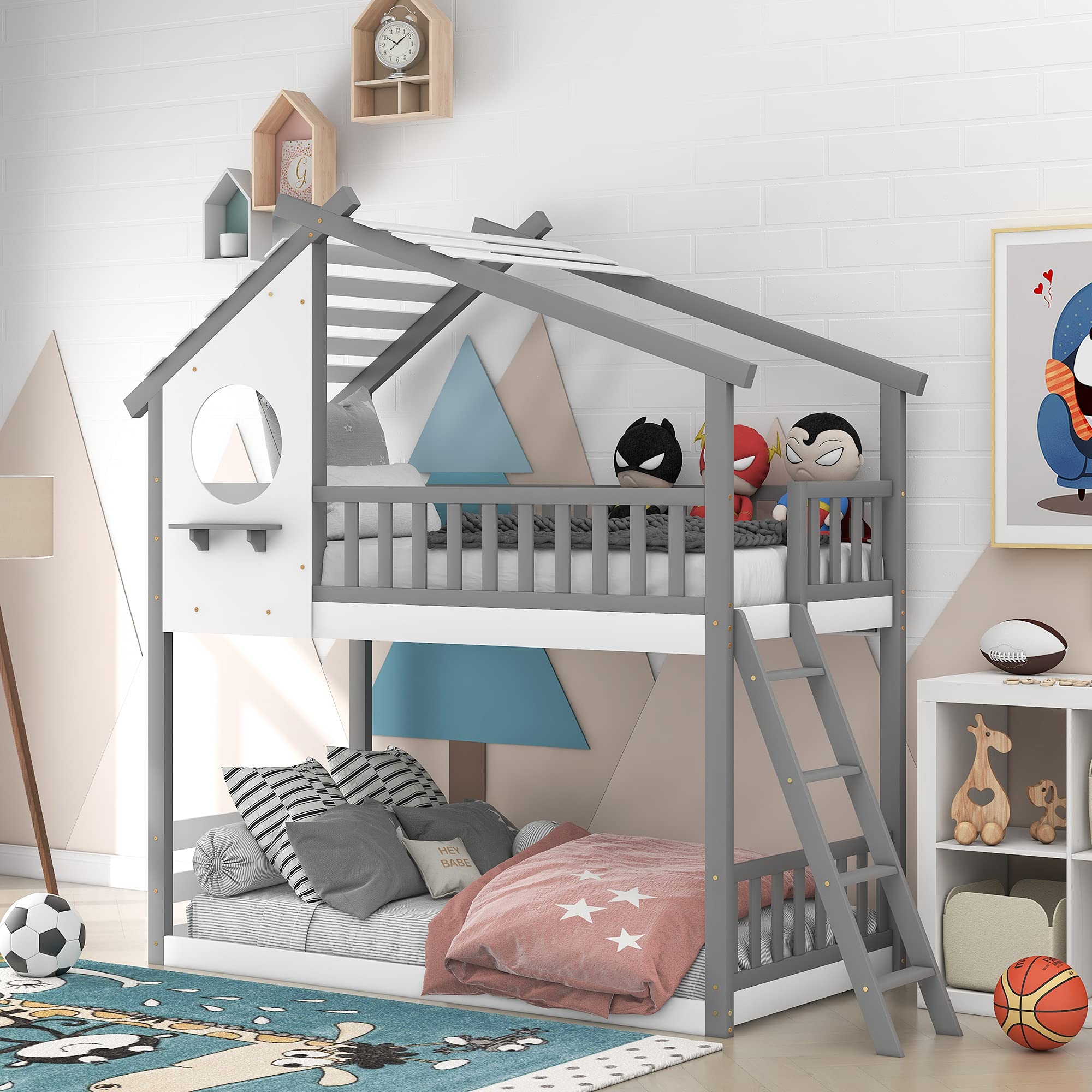 P PURLOVE Twin Size Low Loft Wooden House Bed with 2 Side Windows - Kids & Teens Bedroom Furniture for Boys & Girls - Perfect for Small Spaces, Playrooms & Sleepovers