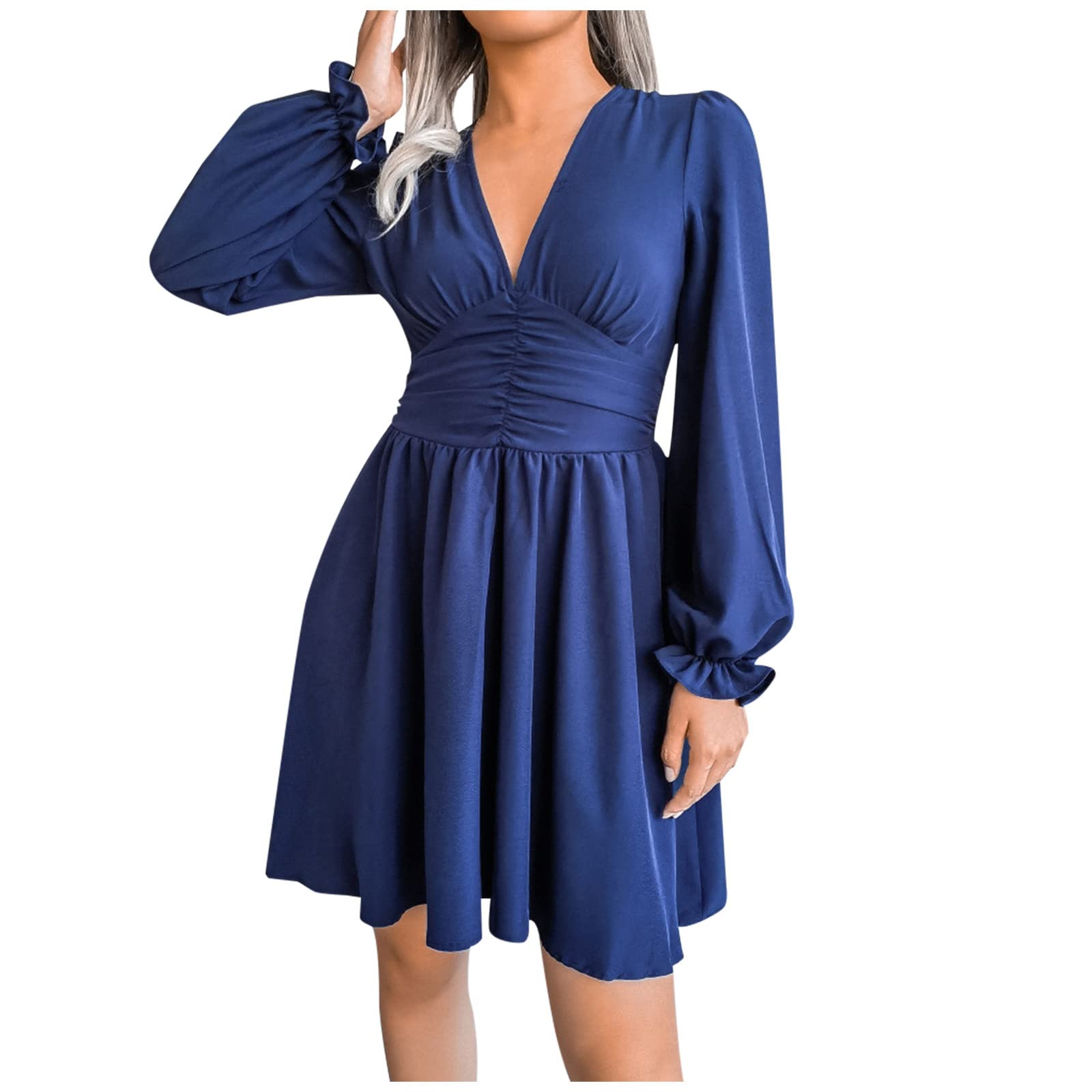 Jsarle Women's Summer Sexy Long Sleeve V-Neck Chiffon Pleated Mini Dress - Wedding Guest, Cocktail Party & Date Night Outfit