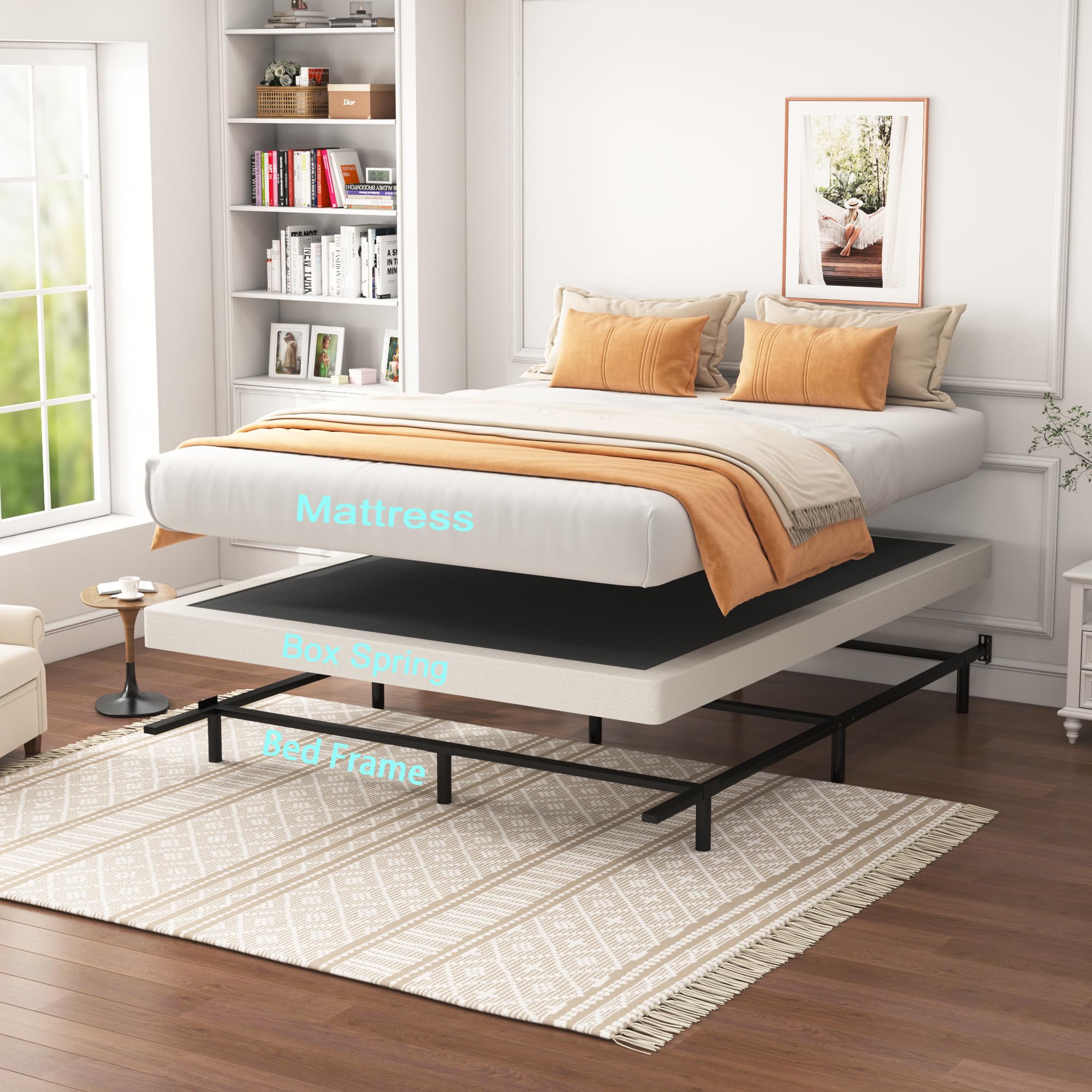 Heavy Duty Full Box Spring Bed - 4 Inch Metal Foundation with Fabric Cover for Noise-Free Support up to 3000lbs - Perfect for Guest Rooms & Dormitories