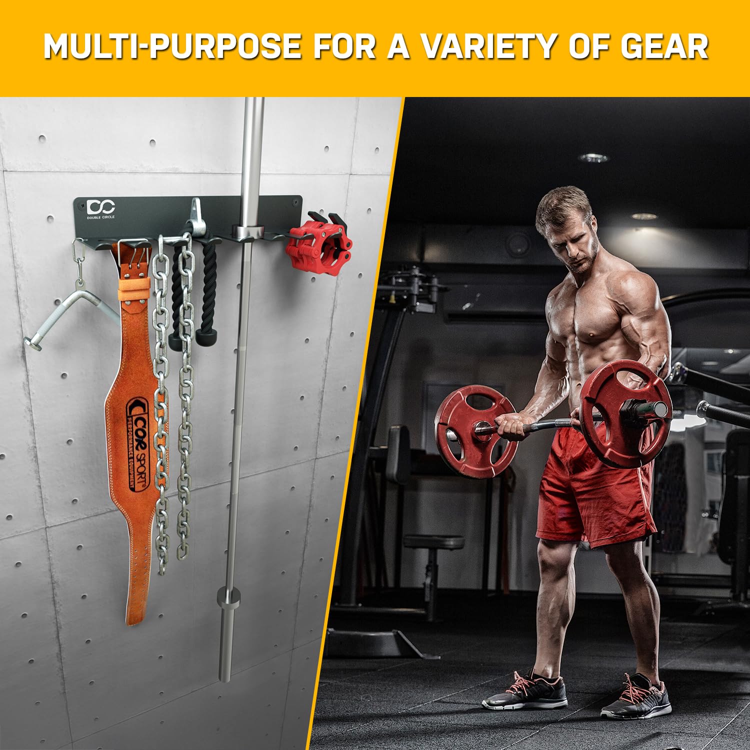 Double Circle Gym Equipment Storage Rack - Wall Mounted Multi-Purpose Organizer for Home Gym - Holds Exercise Bands, Barbells, Jump Ropes, Chains & Lifting Belts (17