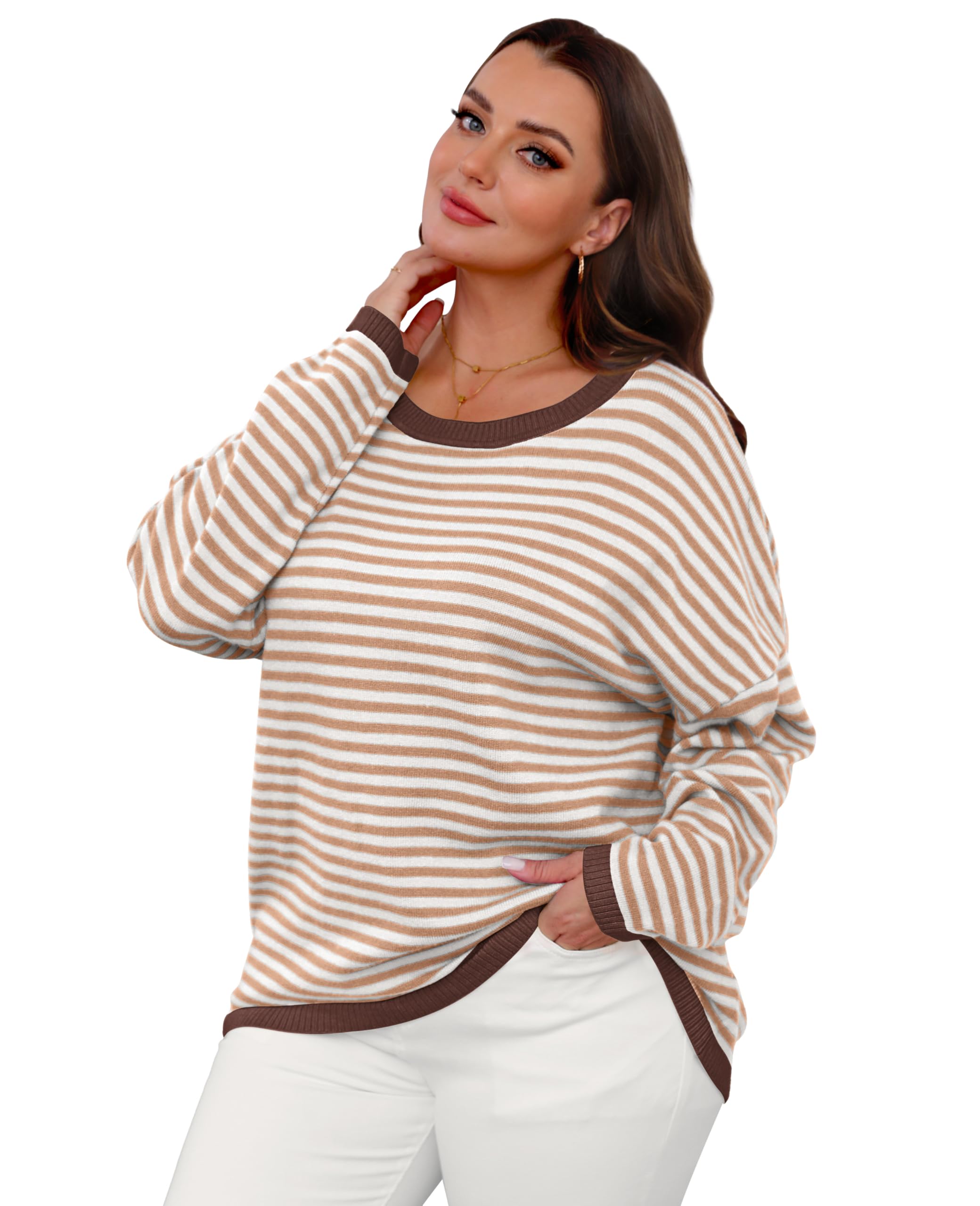 WIHOLL Women's Striped Long Sleeve Sweater Top - Round Neck Casual & Dressy Pullover for Work, Date Night & Fall Outfits | Fashion Knitwear for Women