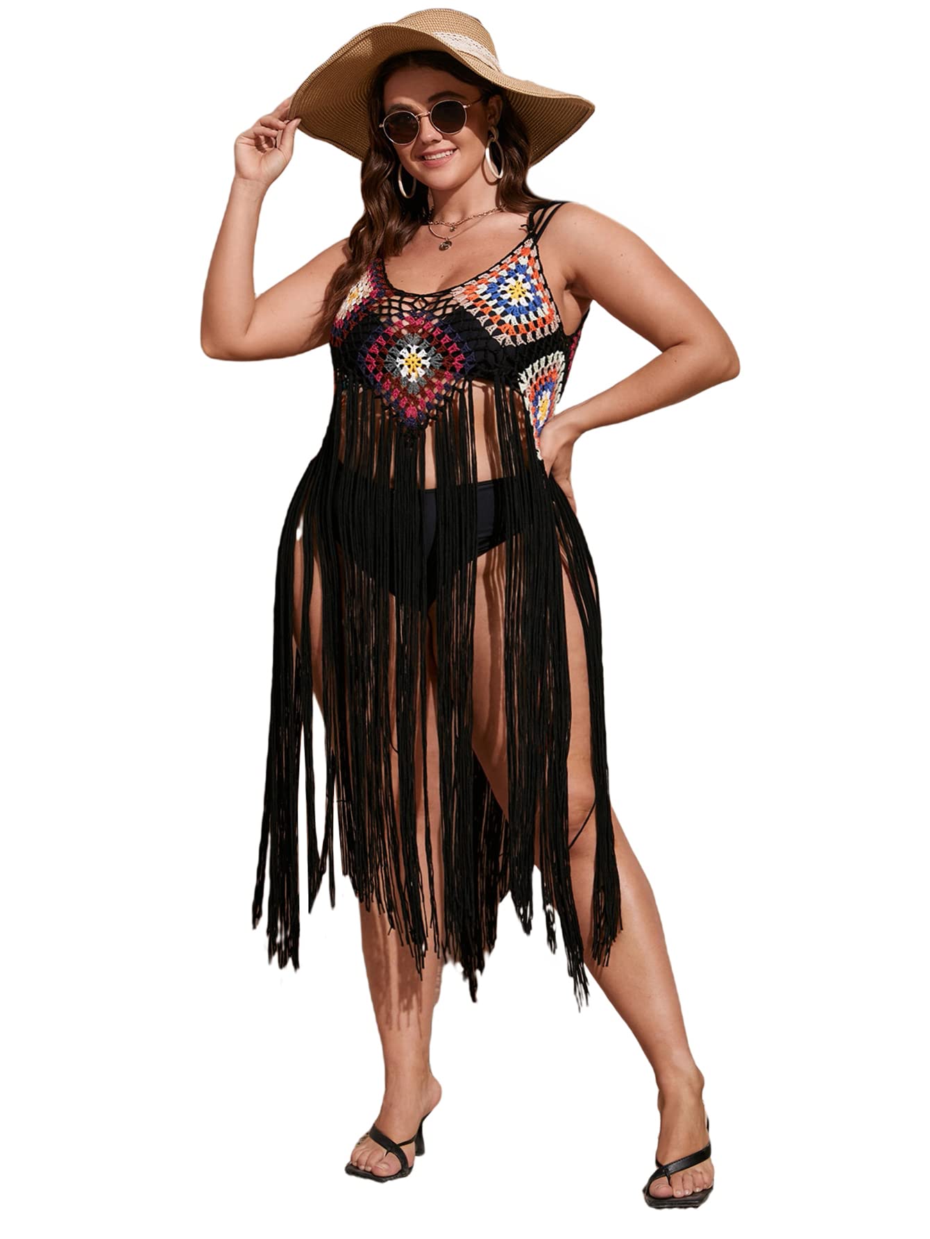SOLY HUX Women's Plus Size Crochet Fringe Hem Beach Swimsuit Cover Up - Boho Chic Bikini Cover Up for Pool, Vacation & Summer Outfits
