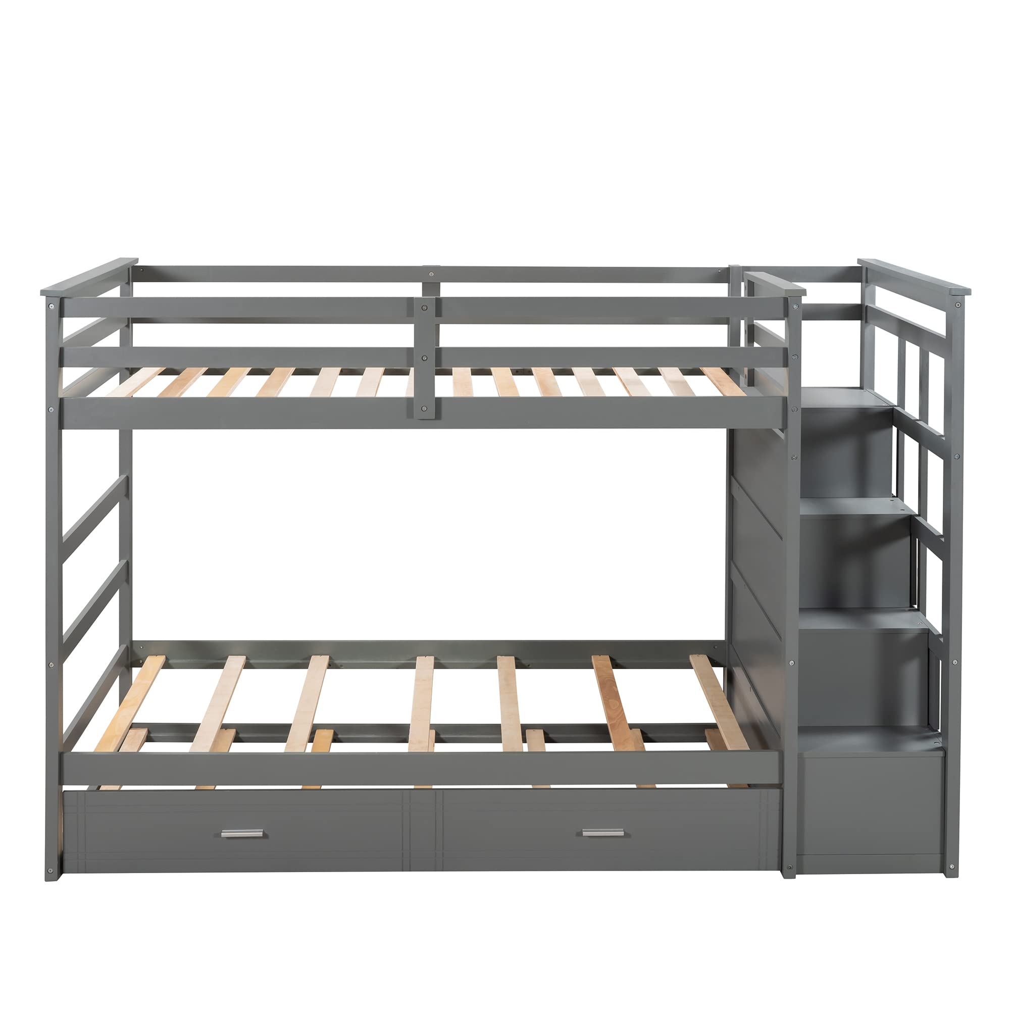 Twin Over Twin Trundle Bunk Bed with Staircase & Storage Drawers - Space-Saving Kids Bedroom Furniture for Small Rooms, Sleepovers & Guest Rooms (Gray)