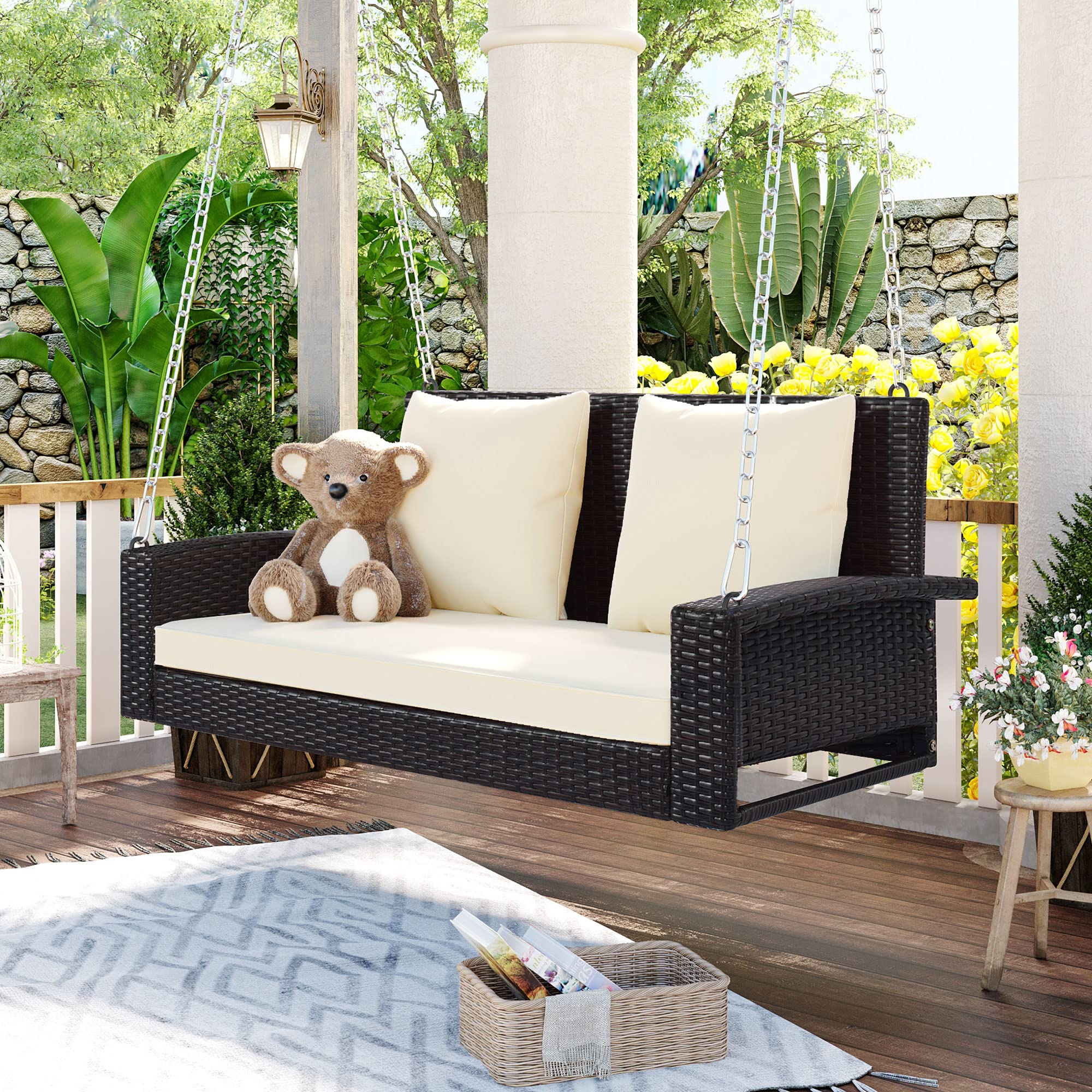 Polibi 2-Seat Rattan Swing Bench with Chains & Cushion - Outdoor Porch Swing for Garden, Backyard, Patio, Pond - Brown Wicker with White Pillow - Perfect for Relaxing, Lounging & Enjoying Nature