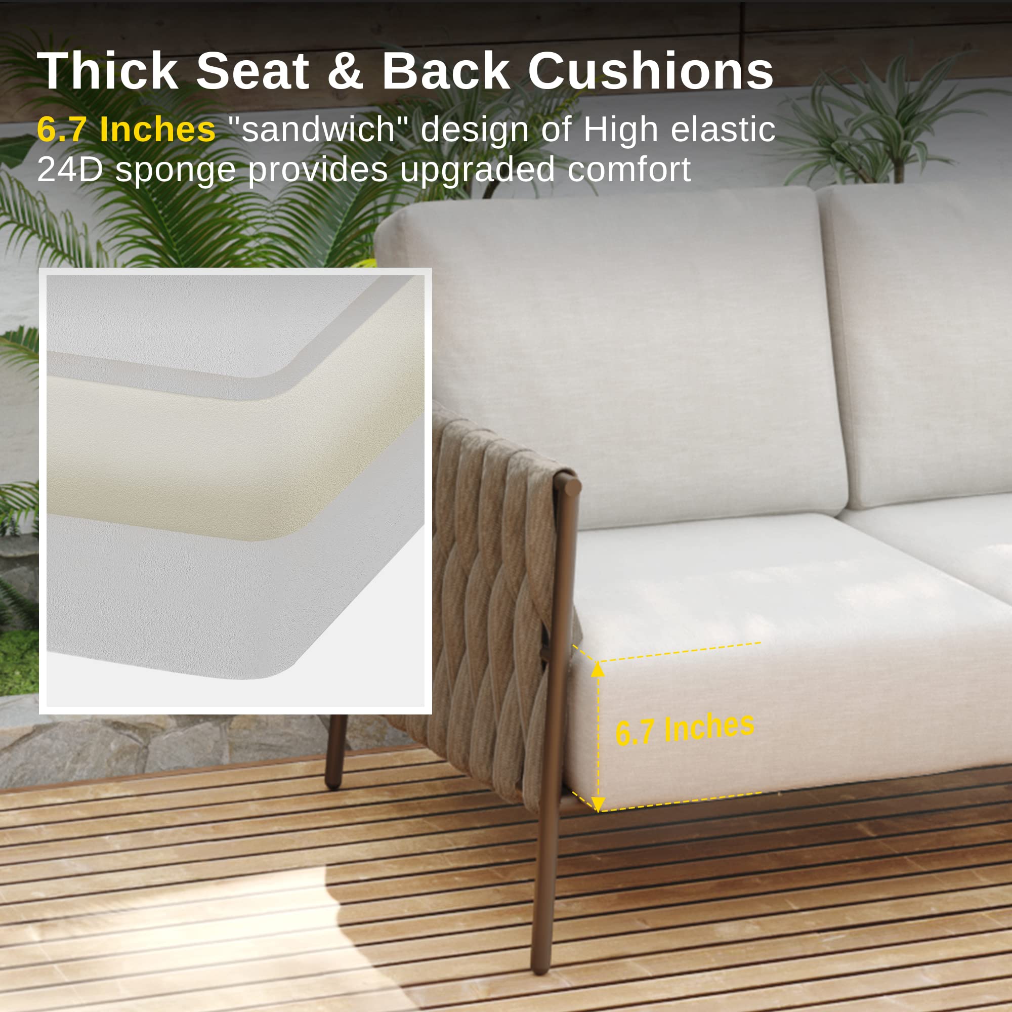 EAST OAK Outdoor Patio Furniture Set - 4-Piece Sectional Sofa with Round Coffee Table, Thick Washable Cushions (Chestnut Brown & Creamy Apricot) - Perfect for Backyard, Garden, Poolside & Patio Relaxation