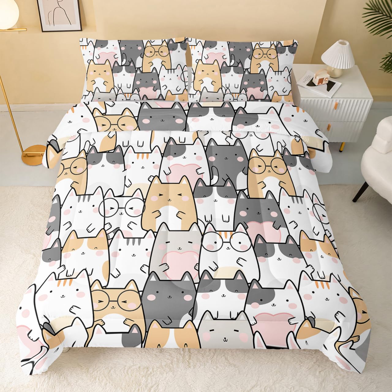 QOOMO Kawaii Cat Comforter Full Size - 3PCS Cute Cat Print Bedding Set with 2 Pillowcases for Kids & Teens | Soft Lightweight Down Alternative Comforter | Perfect for Kids' Bedrooms, Dorm Rooms & Sleepovers