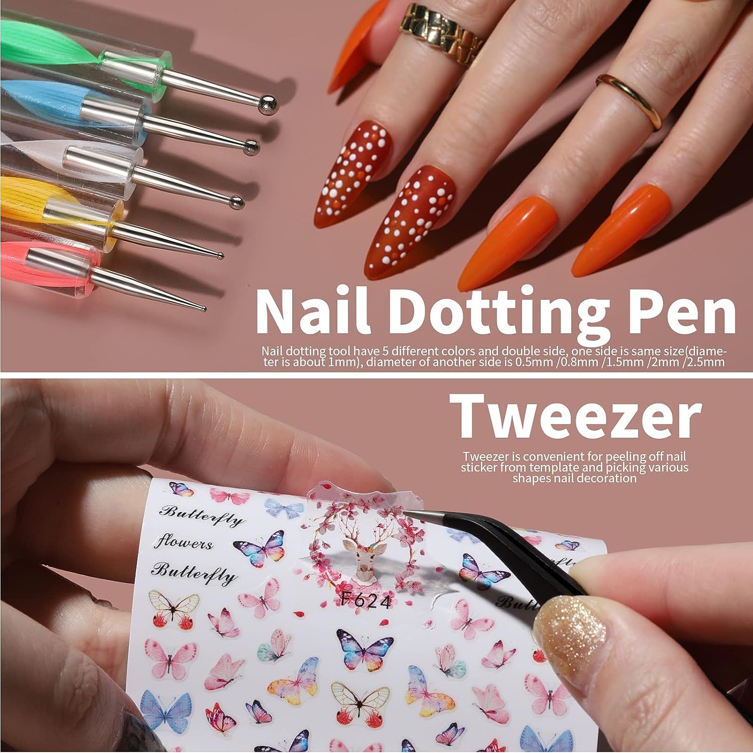 Gleevia Professional Nail Art Brushes Set - Nail Design Kit with Dotting Pens, Stickers, Butterfly Sequins, Foils, Iridescent Flakes & Rhinestones for DIY Manicure - Perfect for Home Salon, Party Nails & Professional Nail Artists (Black)