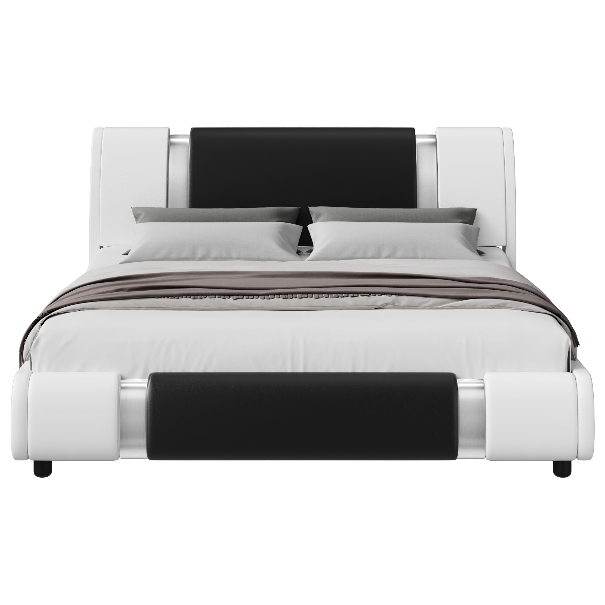 Keyluv Modern Faux Leather Upholstered Queen Size Bed Frame with Mirror Metal Headboard - Wooden Slats Support, No Box Spring Needed, White & Black - Perfect for Contemporary Bedrooms and Guest Rooms