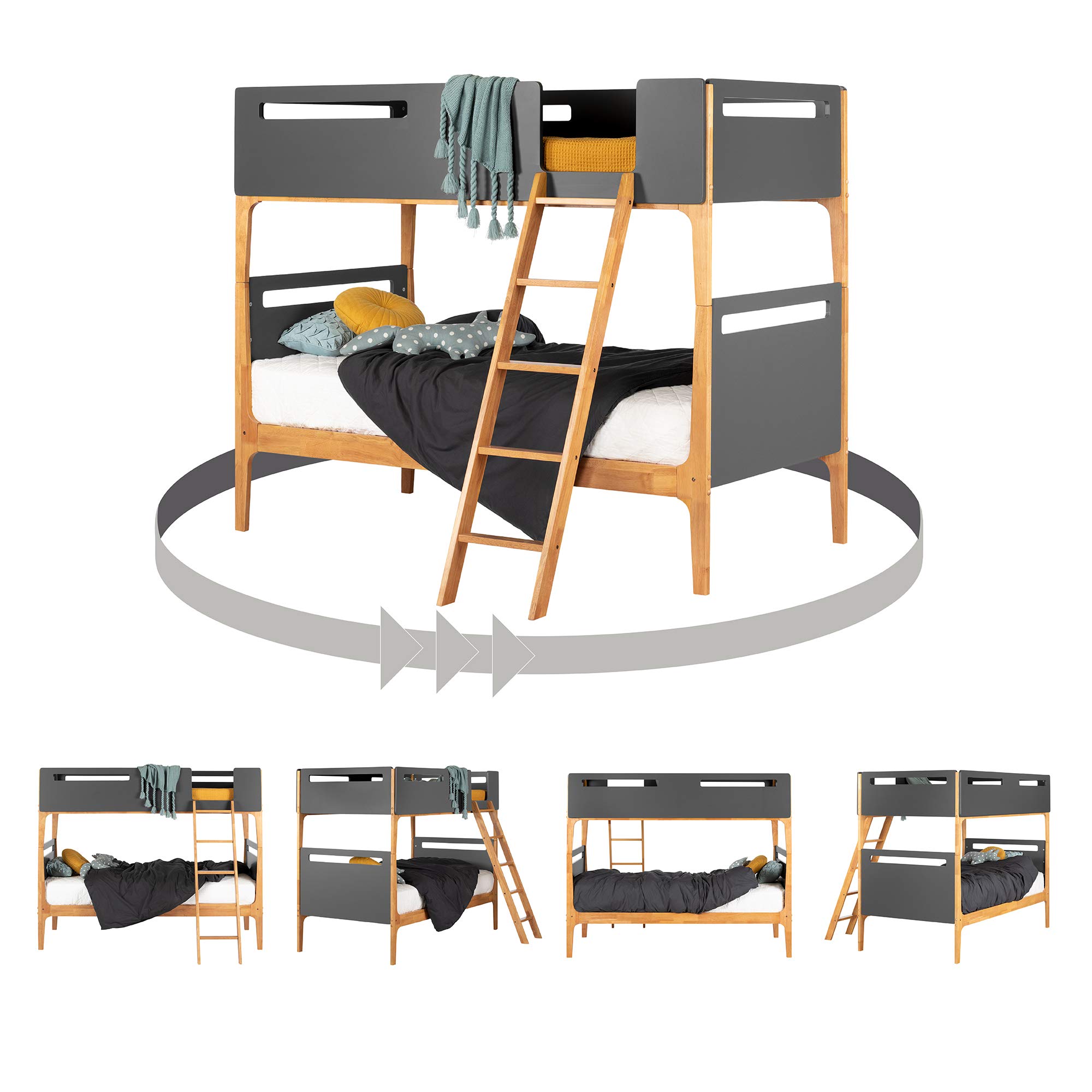South Shore Bebble Twin Bunk Bed with Ladder - Charcoal Gray & Exotic Wood Finish - Space-Saving Kids Bedroom Furniture for Siblings or Sleepovers