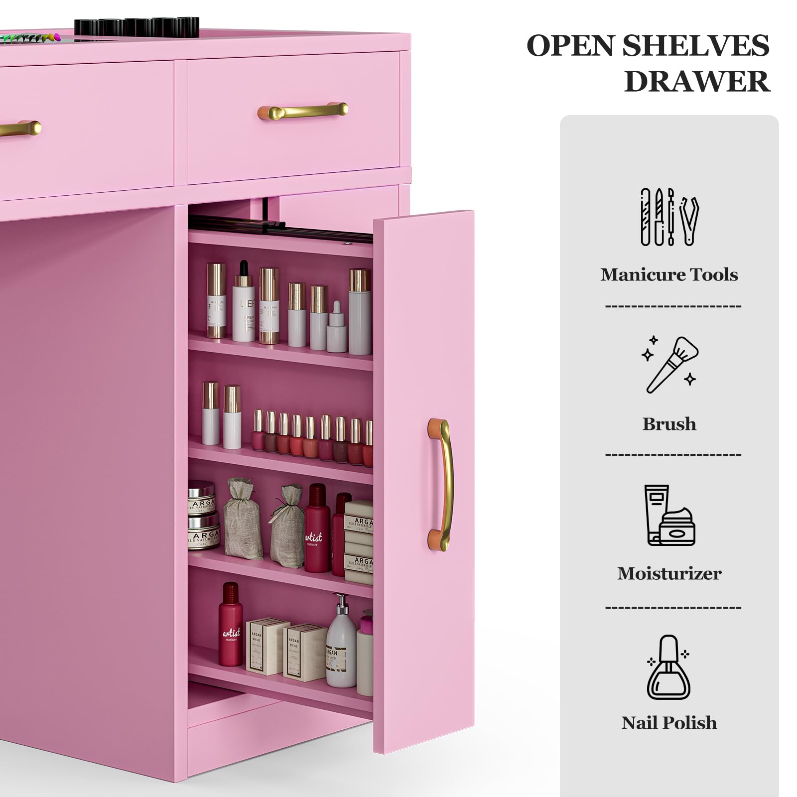Professional Manicure Table Nail Station for Nail Technicians - Glass Top Nail Table with Electric Dust Collector, 7 Drawers & 3-Tier Shelves - Nail Salon Workstation with Wrist Cushion & Golden Handles (Pink) - Perfect for Nail Salons, Home Studios & Professional Nail Artists