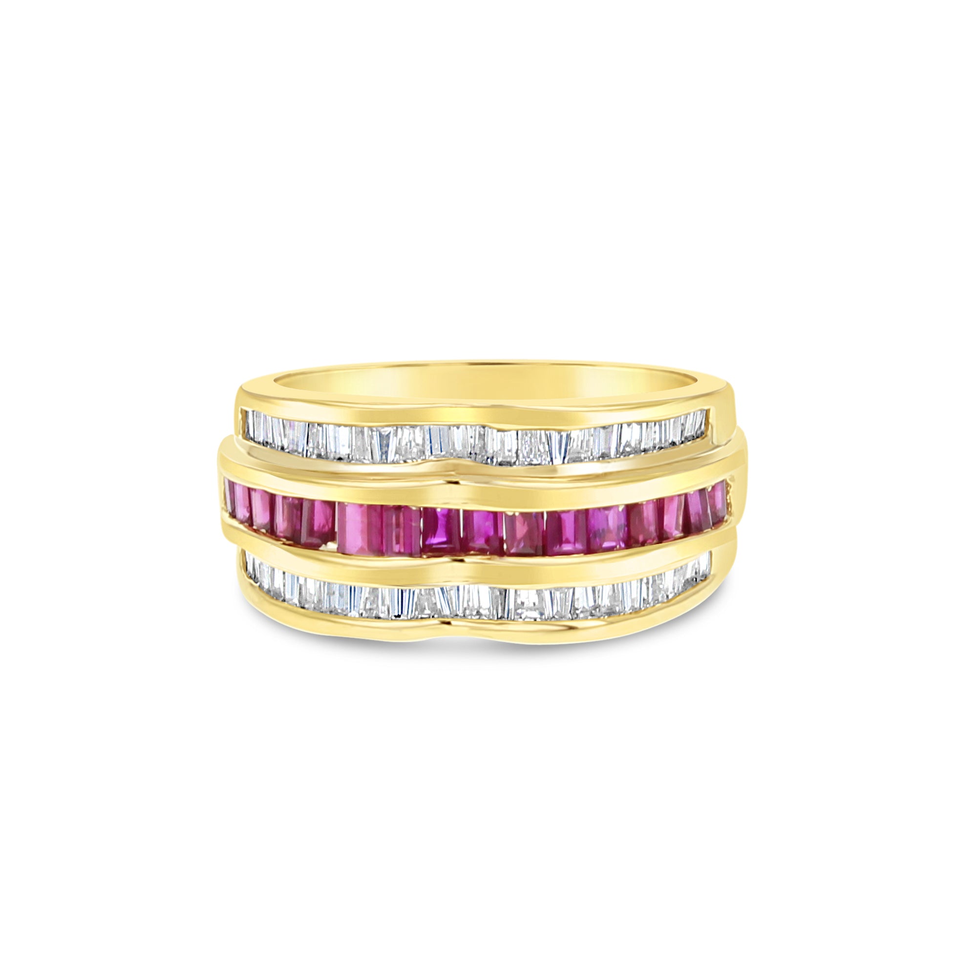 14k Yellow Gold Ruby & Diamond Baguette Cocktail Ring - Elegant Statement Jewelry for Evening Parties, Weddings & Special Occasions
