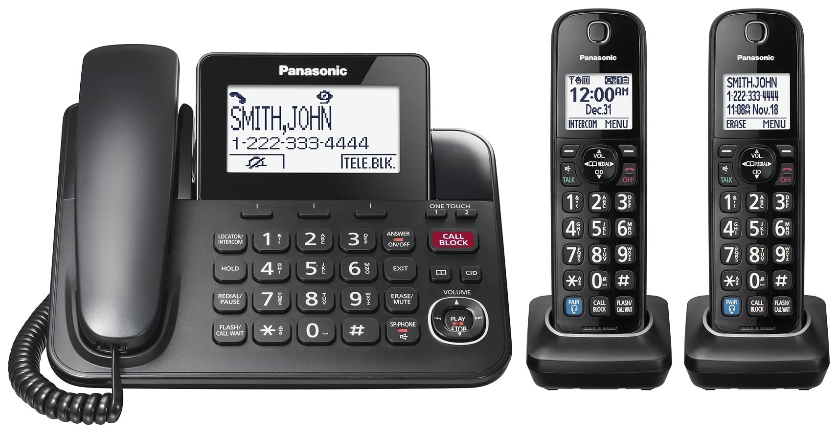 Panasonic KXTGF892B Expandable Corded Phone System with Bluetooth, Wireless Headset & Hearing Aid Compatibility, Smart Call Block, Bilingual Caller ID - 2 Handsets (Black) - Perfect for Home & Office Communication