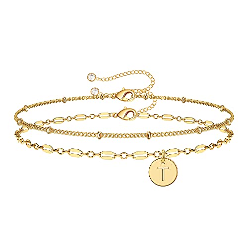Anoup 14K Gold Plated Initial Bracelets for Women - Personalized Dainty Gold Disc Charm & Lip Chain Bracelet Jewelry for Girls | Birthday Gifts, Anniversary Present, Everyday Wear