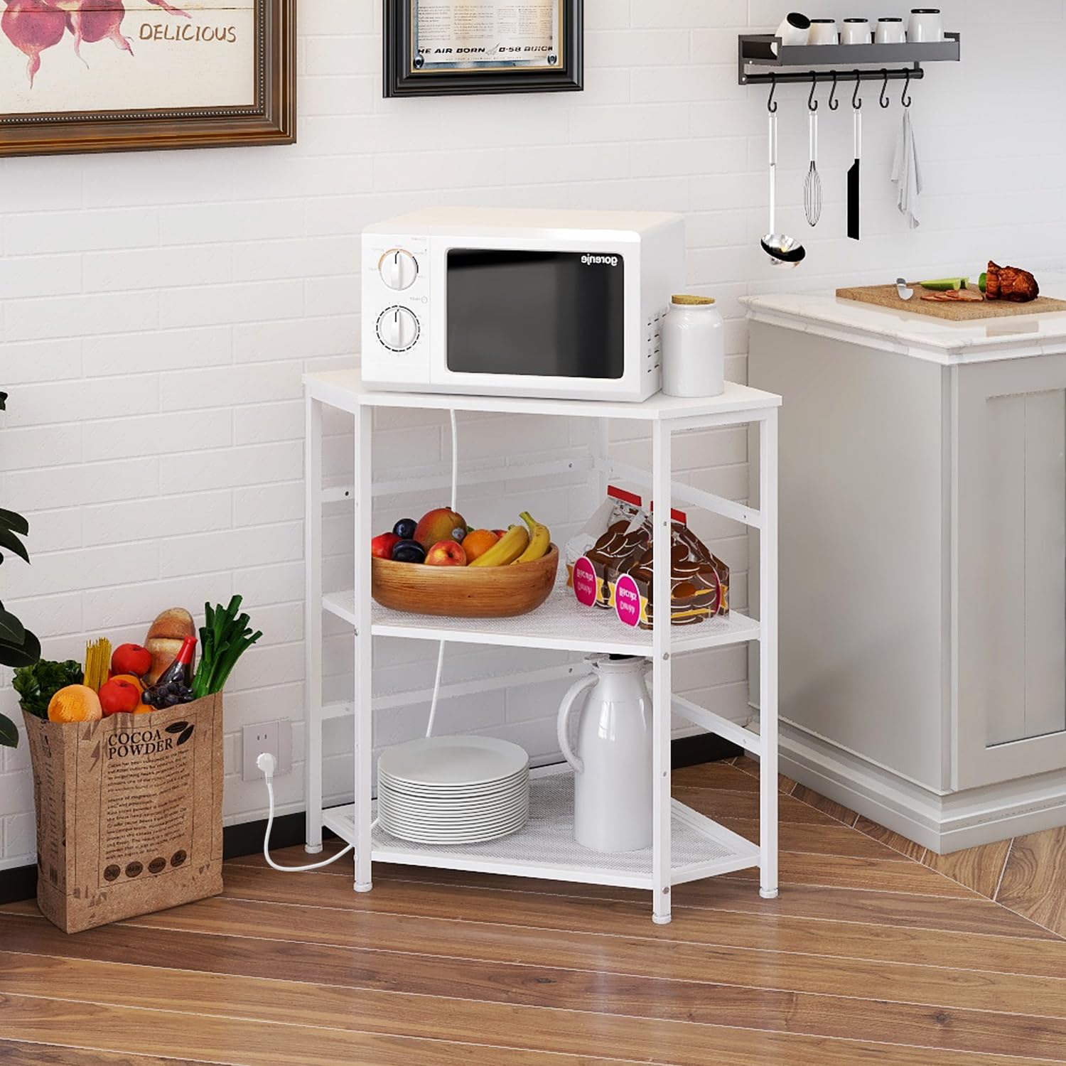 VEDECASA Corner Printer Stand with Power Outlet & USB Ports - Adjustable Storage Shelf & CPU Tower Holder - White Home Office Desk Organizer for Printer, Computer & Charging Devices