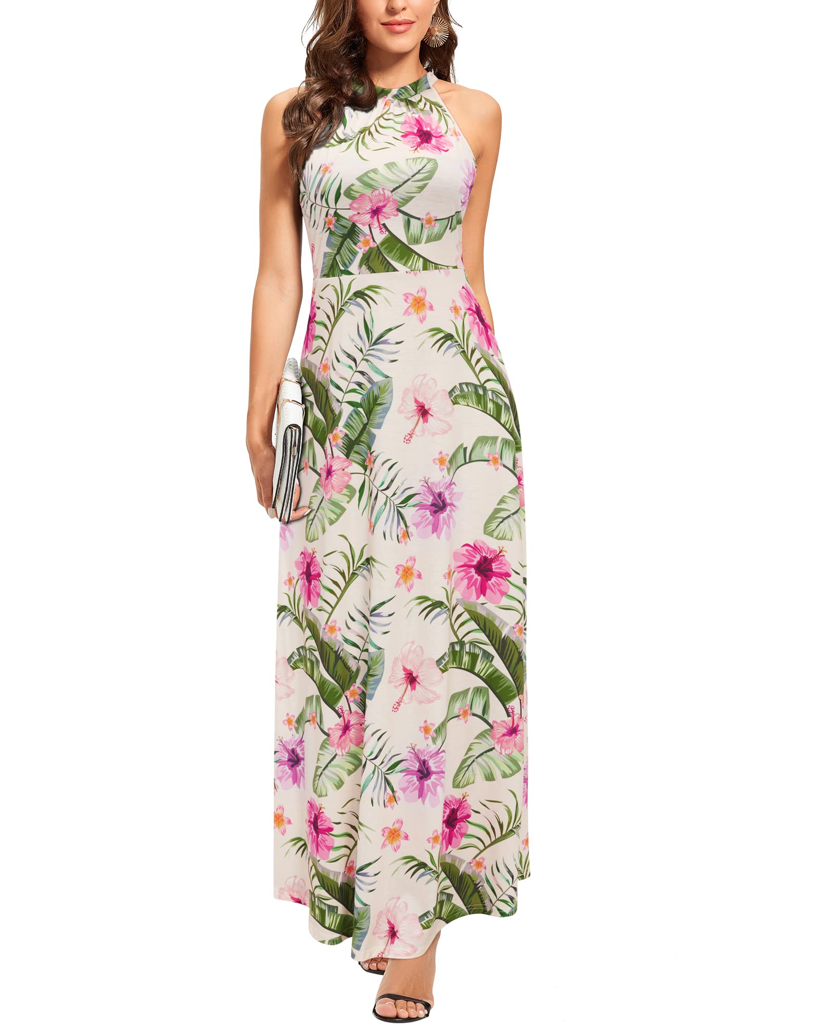STYLEWORD Women's Summer 2025 Floral Maxi Dress - Halter Neck Elegant Long Formal Dress for Wedding Guest, Beach Party & Special Occasions