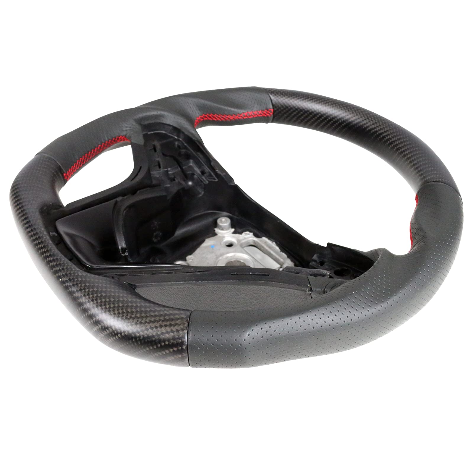 FREEMOTOR802 Matte Carbon Fiber & Perforated Leather Steering Wheel with Red Stitching - Compatible with 2012-2015 Chevrolet Camaro, Brushed Aluminum Trim Kit | Upgrade Your Ride for Sporty Driving & Luxury Feel