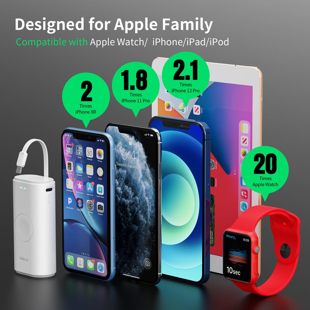 iWALK 9000mAh Portable Charger for Apple Watch & iPhone - Built-in Cable Power Bank Compatible with Apple Watch Series 8/7/6/SE/5/4/3/2 & iPhone 14/13/12/11/6s (White) | Perfect for Travel, Gym & Outdoor Activities