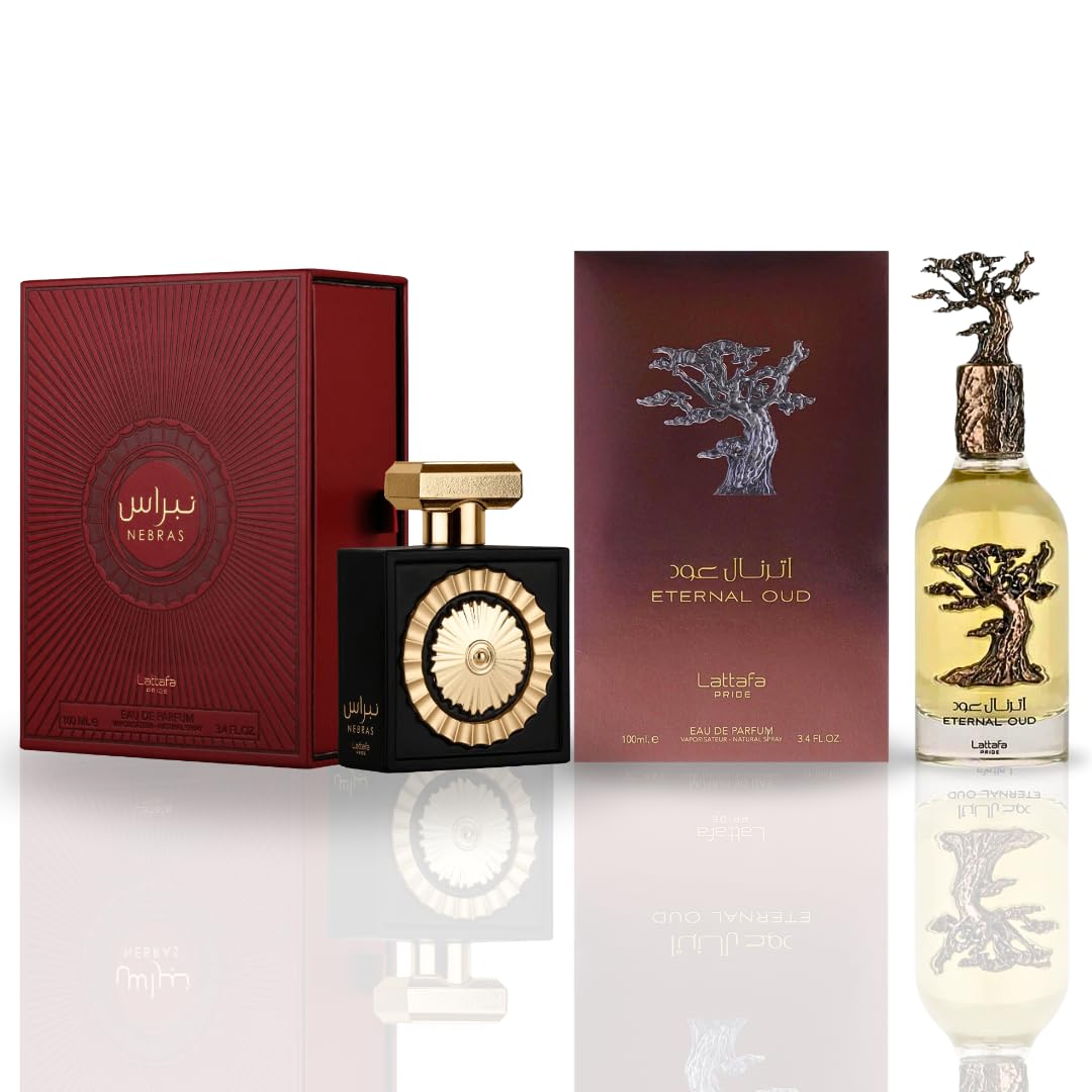Lattafa Pride Nebras & Eternal Oud EDP Spray - 100ml (3.4oz) Long Lasting Unisex Perfume for Men & Women | Luxury Arabian Fragrance Bundle | Perfect for Date Night, Special Occasions & Daily Wear