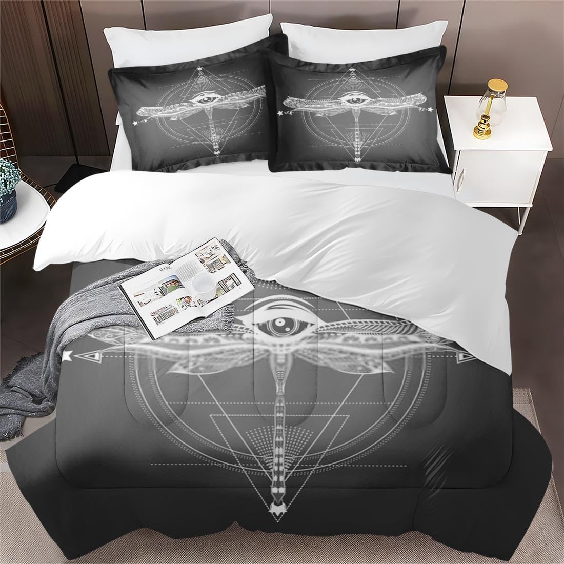 Queen Size Comforter Set - Geometric Dragonfly Butterfly Diamond Soft Bedding for Kids & Adults | Bohemian Mexican Style with 2 Pillowcases | Perfect for Bedroom Decor, Guest Rooms & Bohemian Themed Spaces